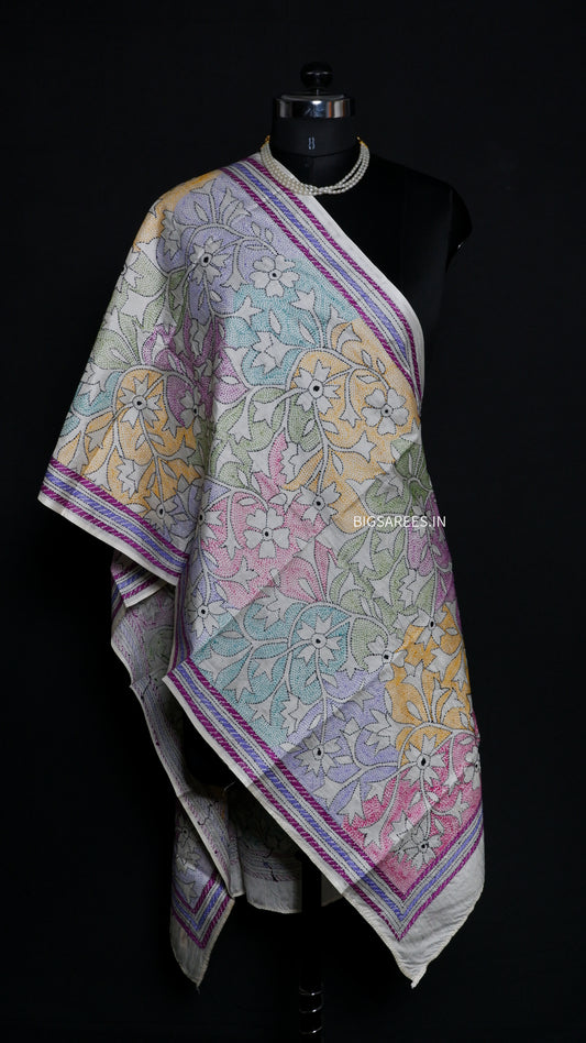 Kantha Art Silk Stole | White | 22" |