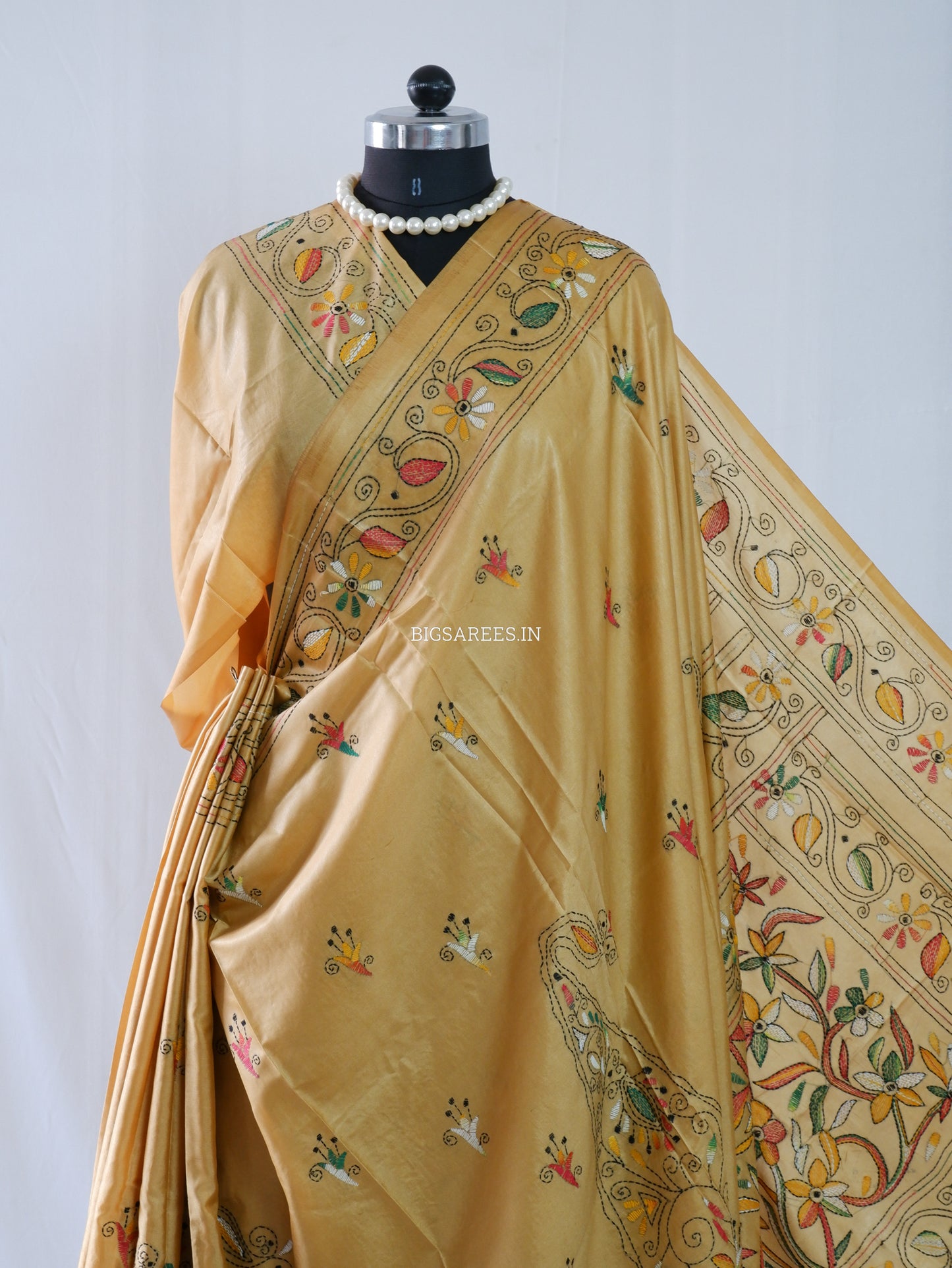 Kantha Stitch Hand Embroidered Saree | Blended Bangalore Silk / Art Silk | Sand Brown