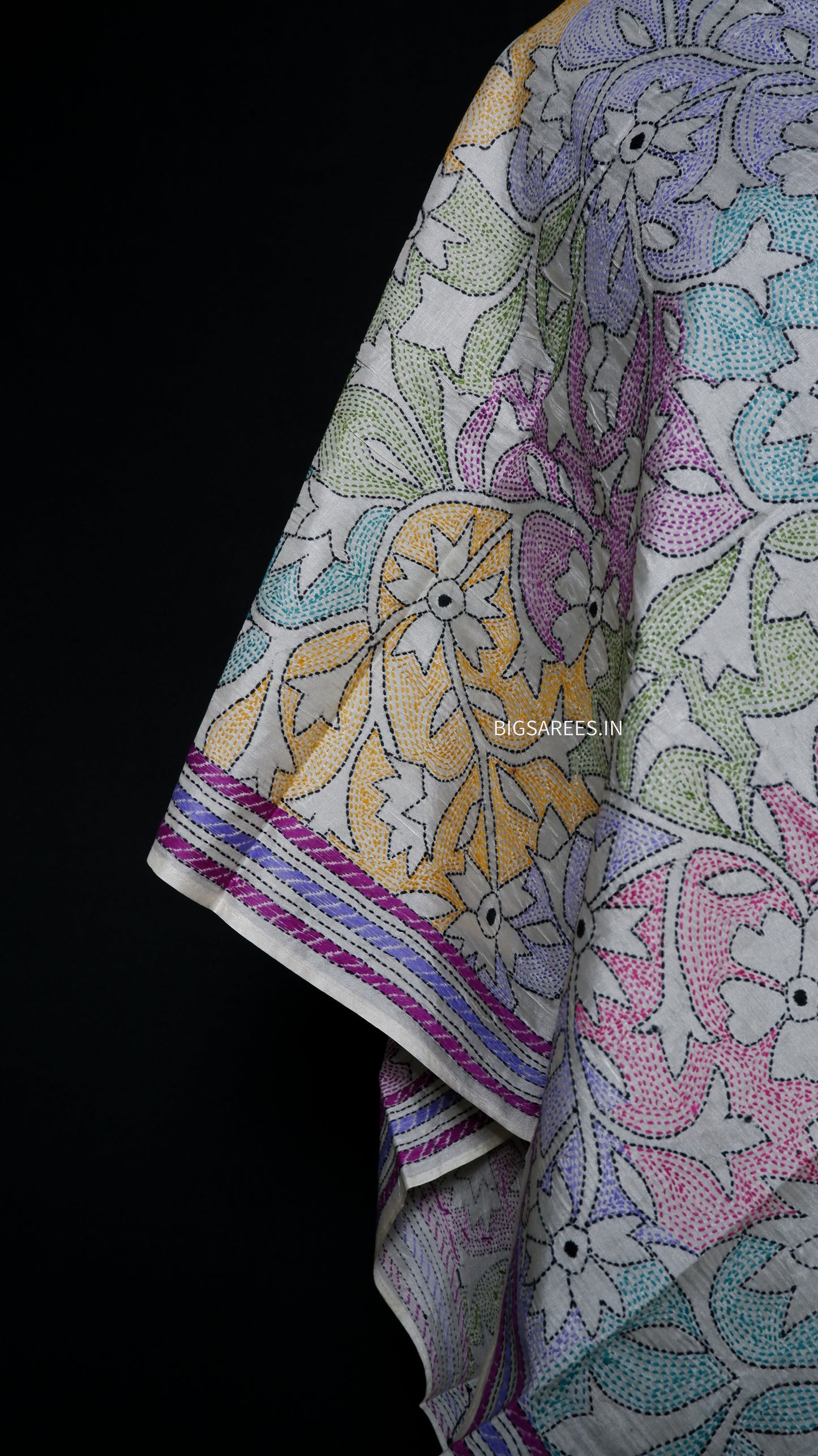 Kantha Art Silk Stole | White | 22" |