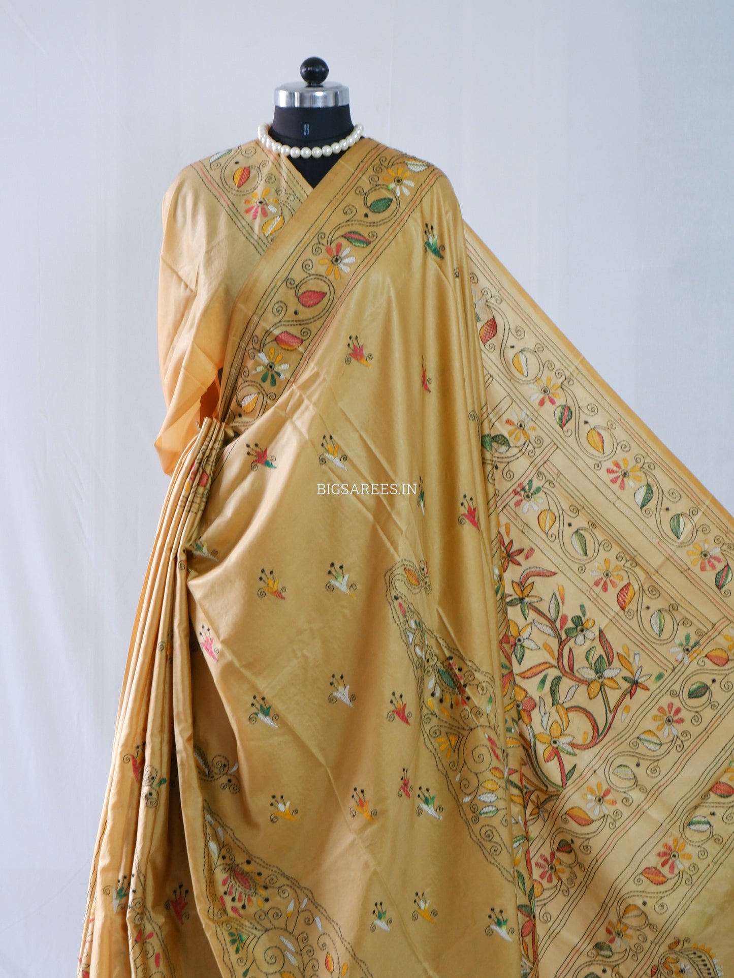Kantha Stitch Hand Embroidered Saree | Blended Bangalore Silk / Art Silk | Sand Brown