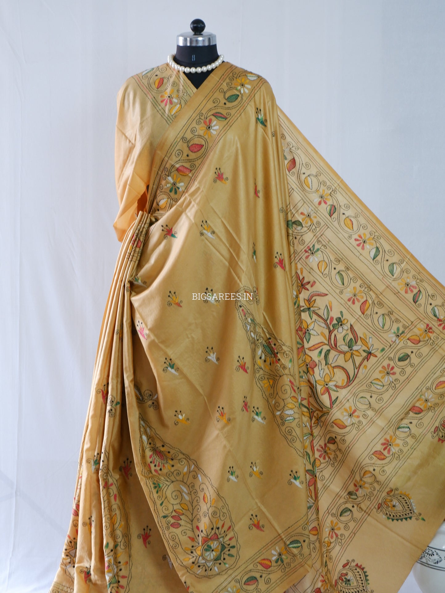 Kantha Stitch Hand Embroidered Saree | Blended Bangalore Silk / Art Silk | Sand Brown