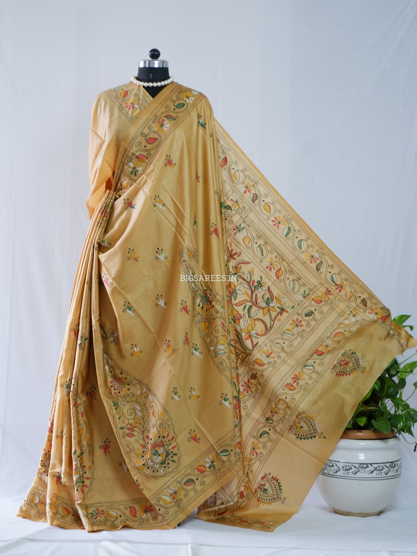 Kantha Stitch Hand Embroidered Saree | Blended Bangalore Silk / Art Silk | Sand Brown