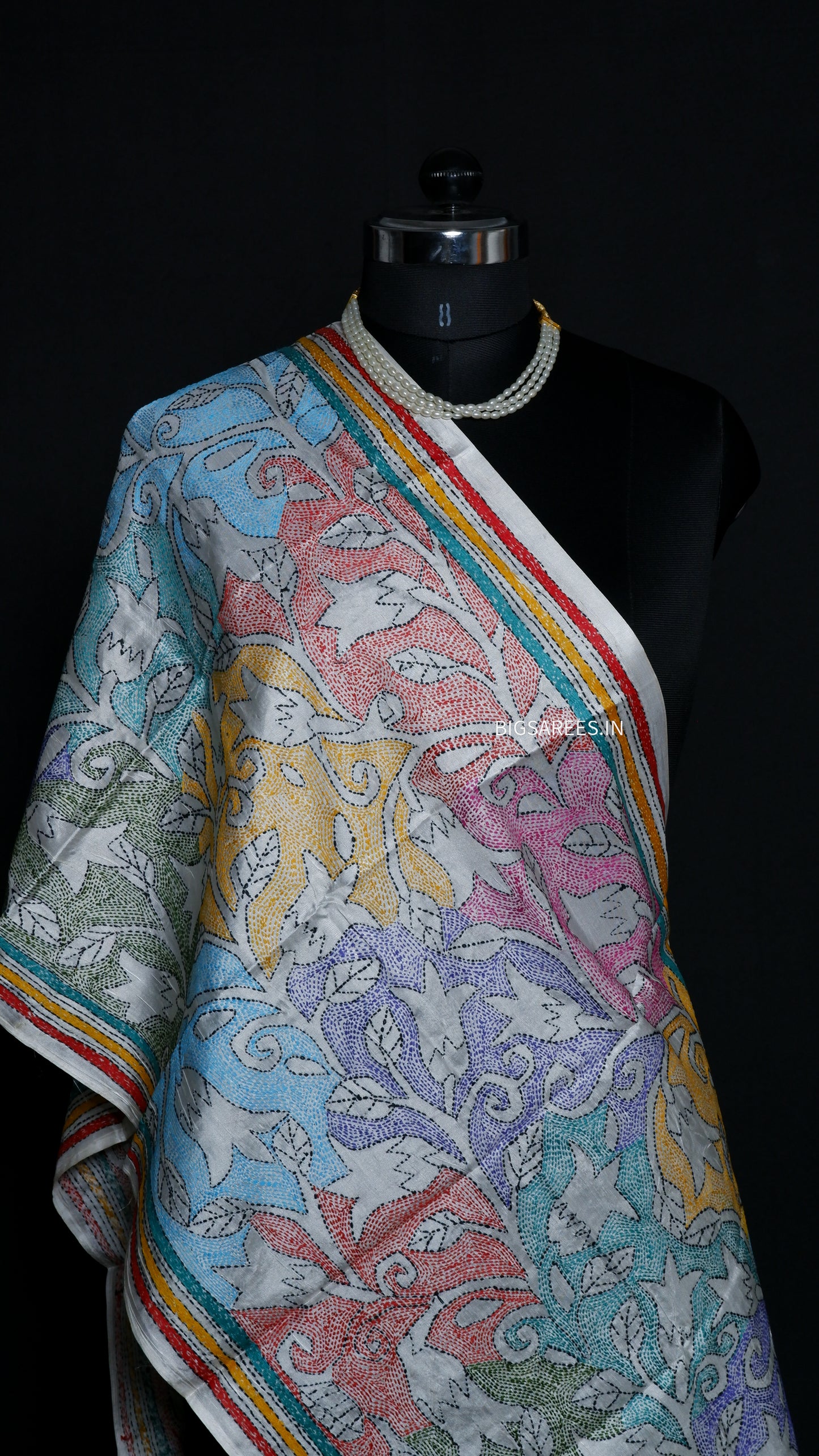 Kantha Art Silk Stole | White | 22" |