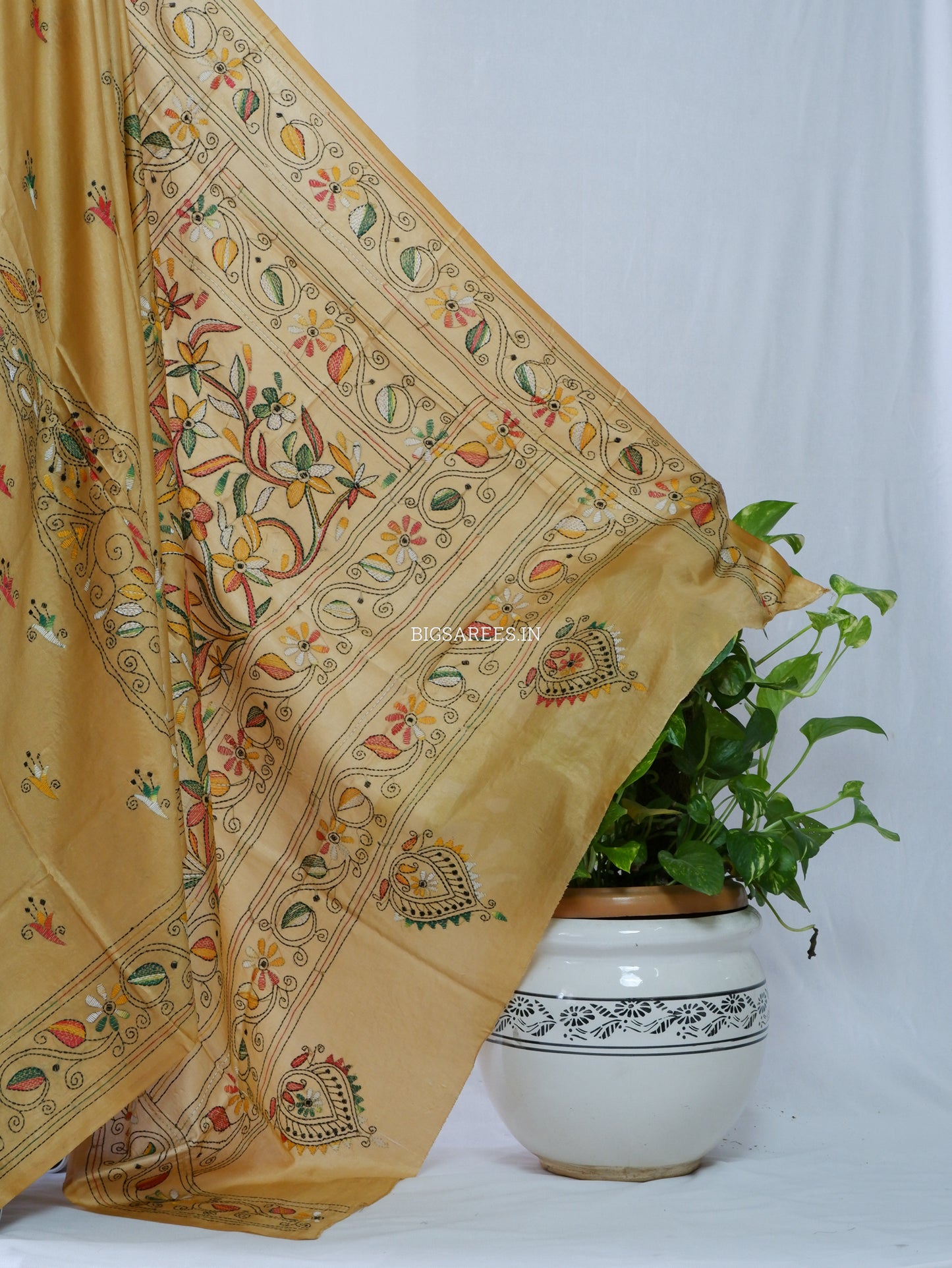 Kantha Stitch Hand Embroidered Saree | Blended Bangalore Silk / Art Silk | Sand Brown