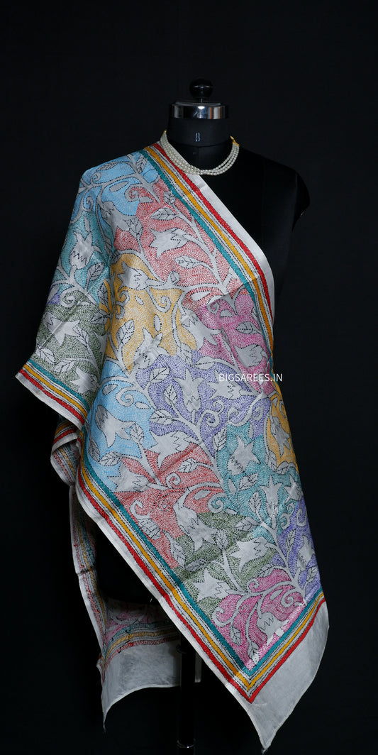 Kantha Art Silk Stole | White | 22" |