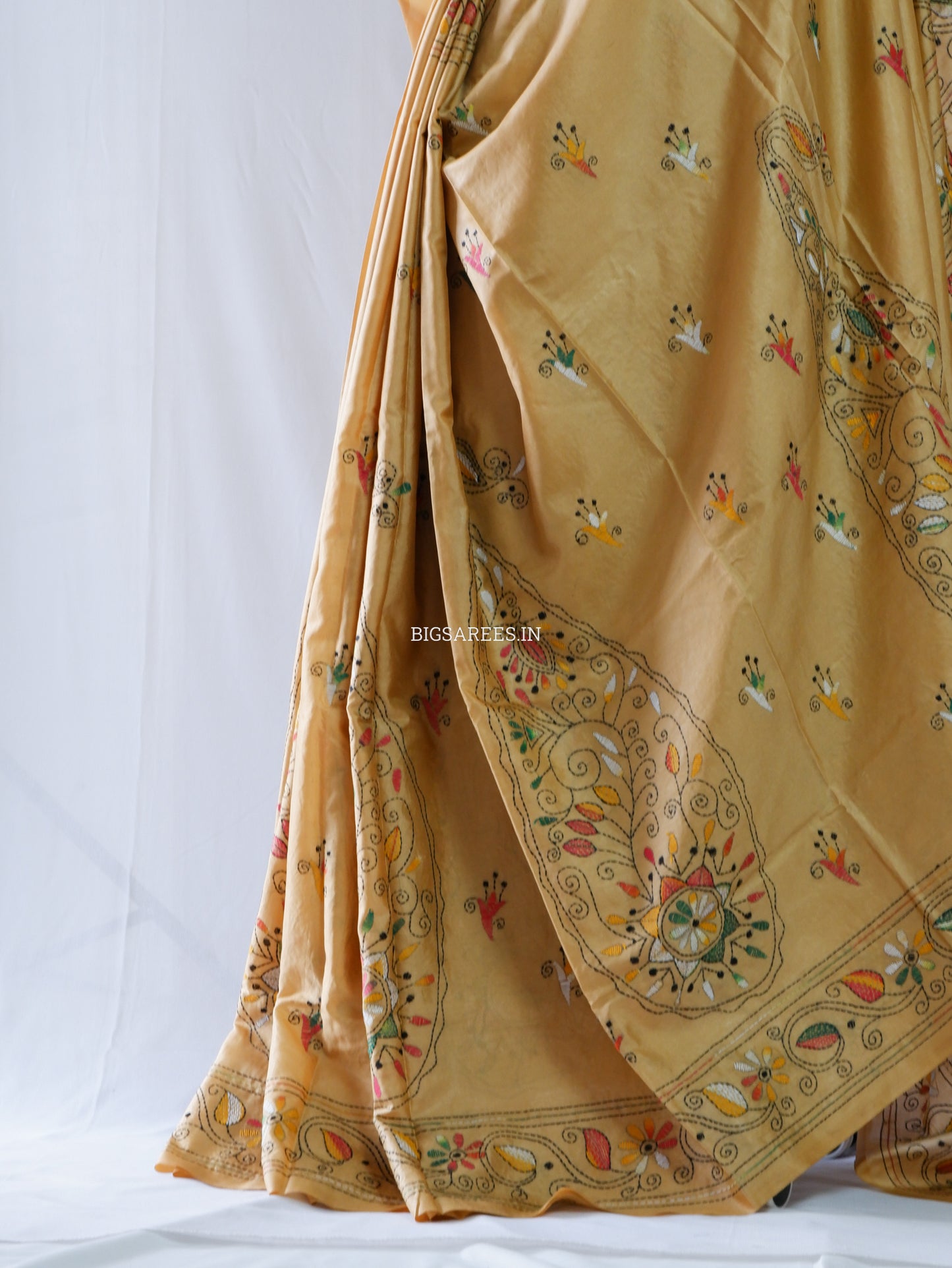 Kantha Stitch Hand Embroidered Saree | Blended Bangalore Silk / Art Silk | Sand Brown