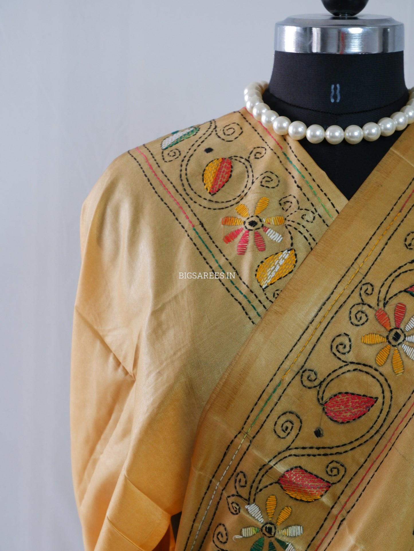 Kantha Stitch Hand Embroidered Saree | Blended Bangalore Silk / Art Silk | Sand Brown