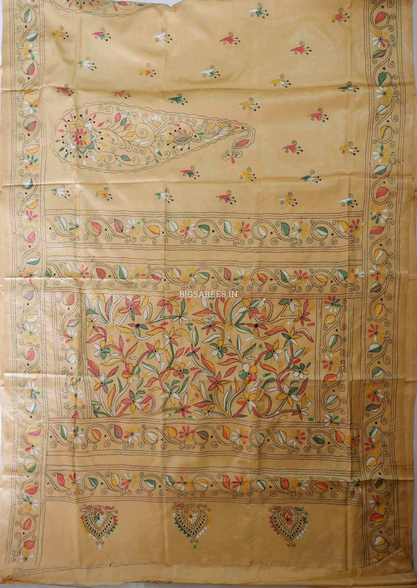 Kantha Stitch Hand Embroidered Saree | Blended Bangalore Silk / Art Silk | Sand Brown