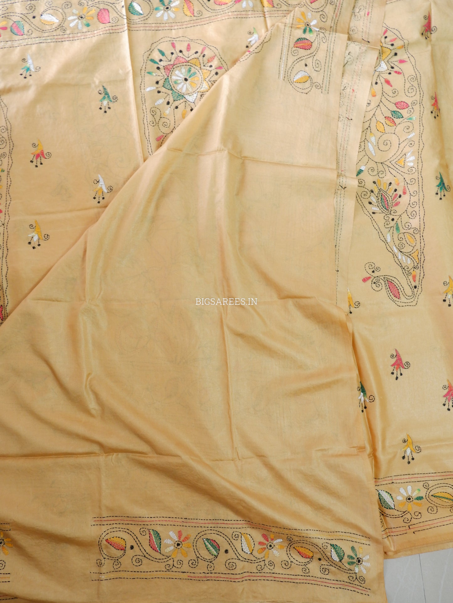 Kantha Stitch Hand Embroidered Saree | Blended Bangalore Silk / Art Silk | Sand Brown