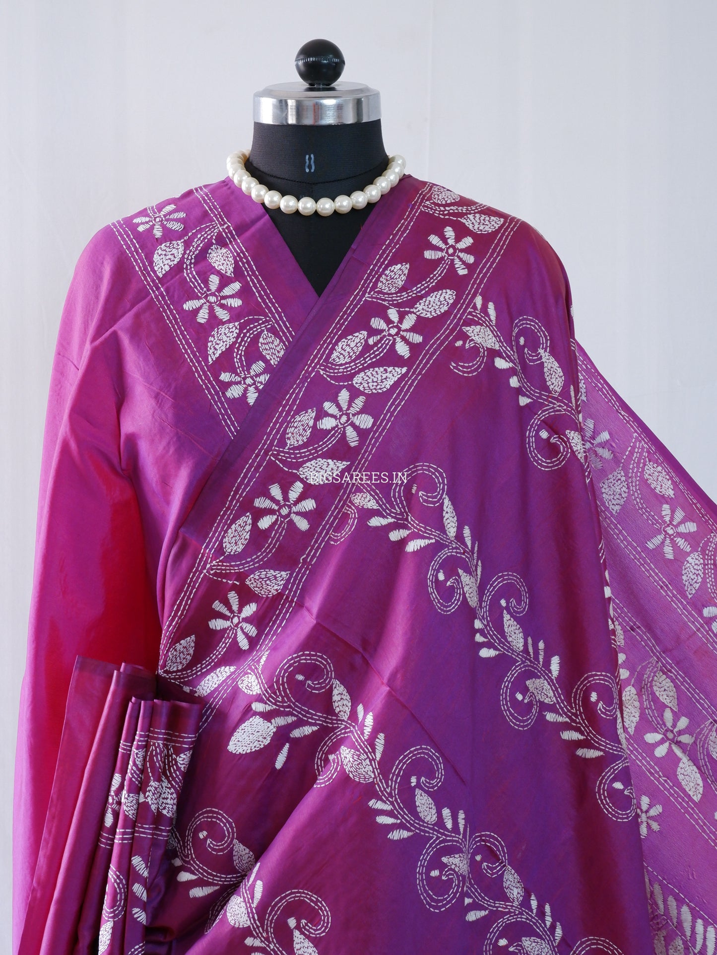 Kantha Stitch Hand Embroidered Saree | Blended Bangalore Silk / Art Silk | Deep Violet