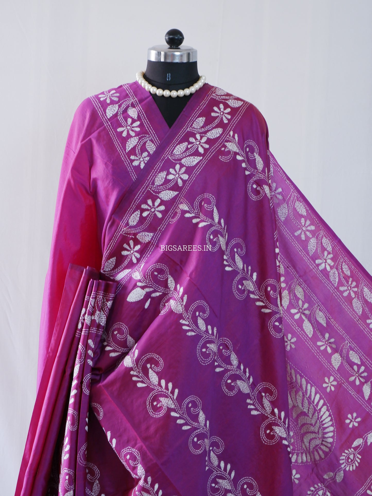 Kantha Stitch Hand Embroidered Saree | Blended Bangalore Silk / Art Silk | Deep Violet