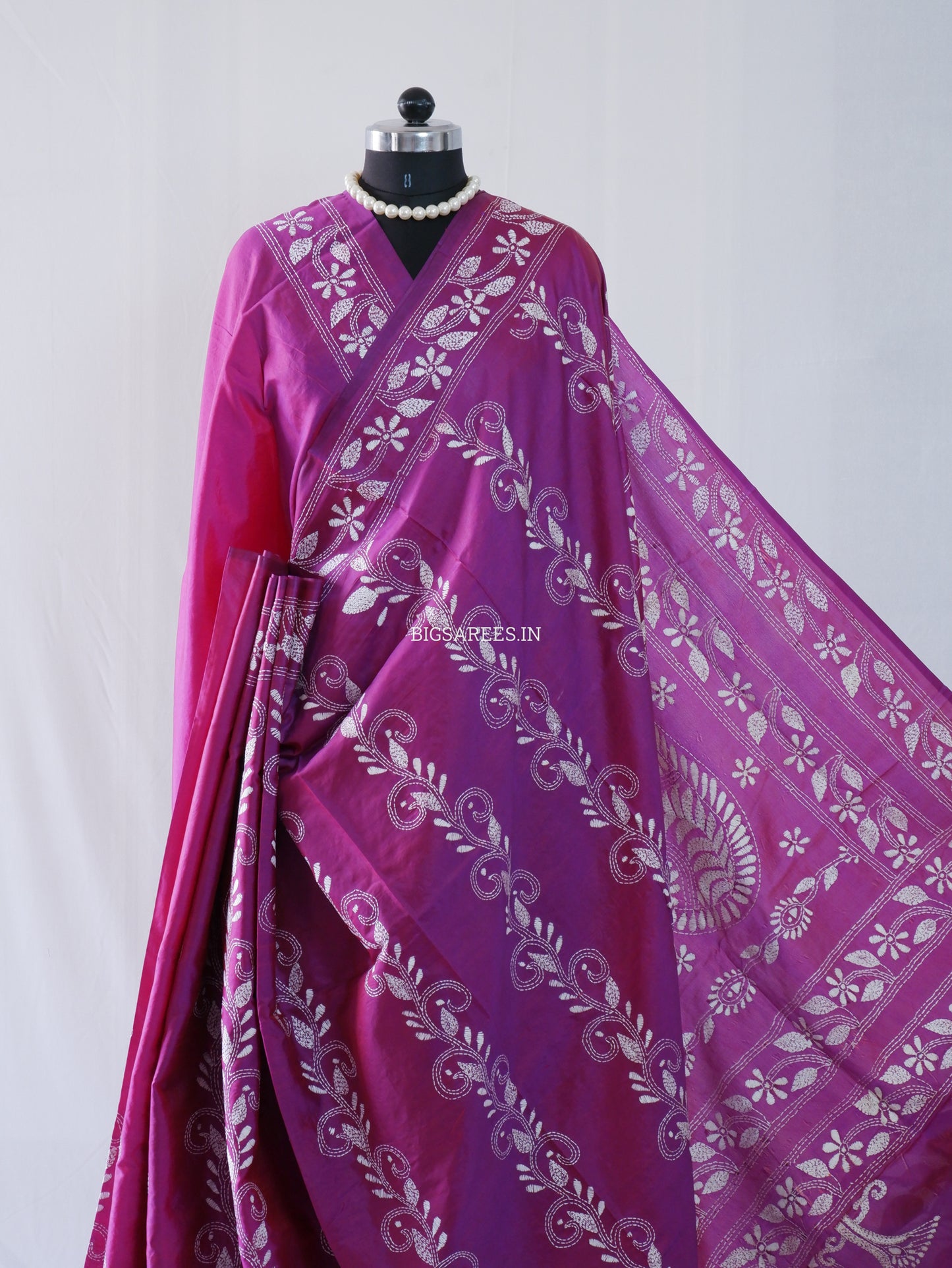 Kantha Stitch Hand Embroidered Saree | Blended Bangalore Silk / Art Silk | Deep Violet