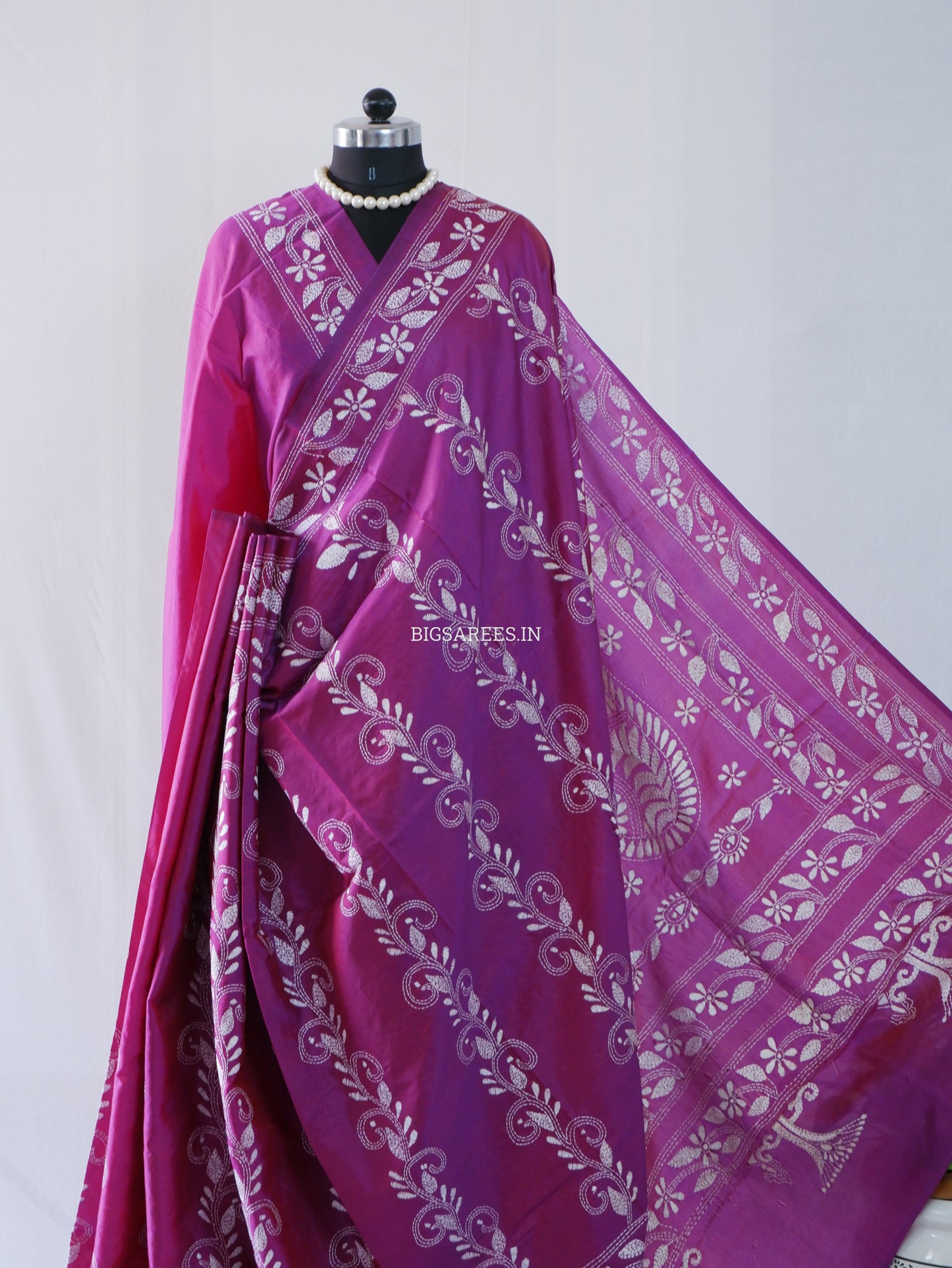 Kantha Stitch Hand Embroidered Saree | Blended Bangalore Silk / Art Silk | Deep Violet