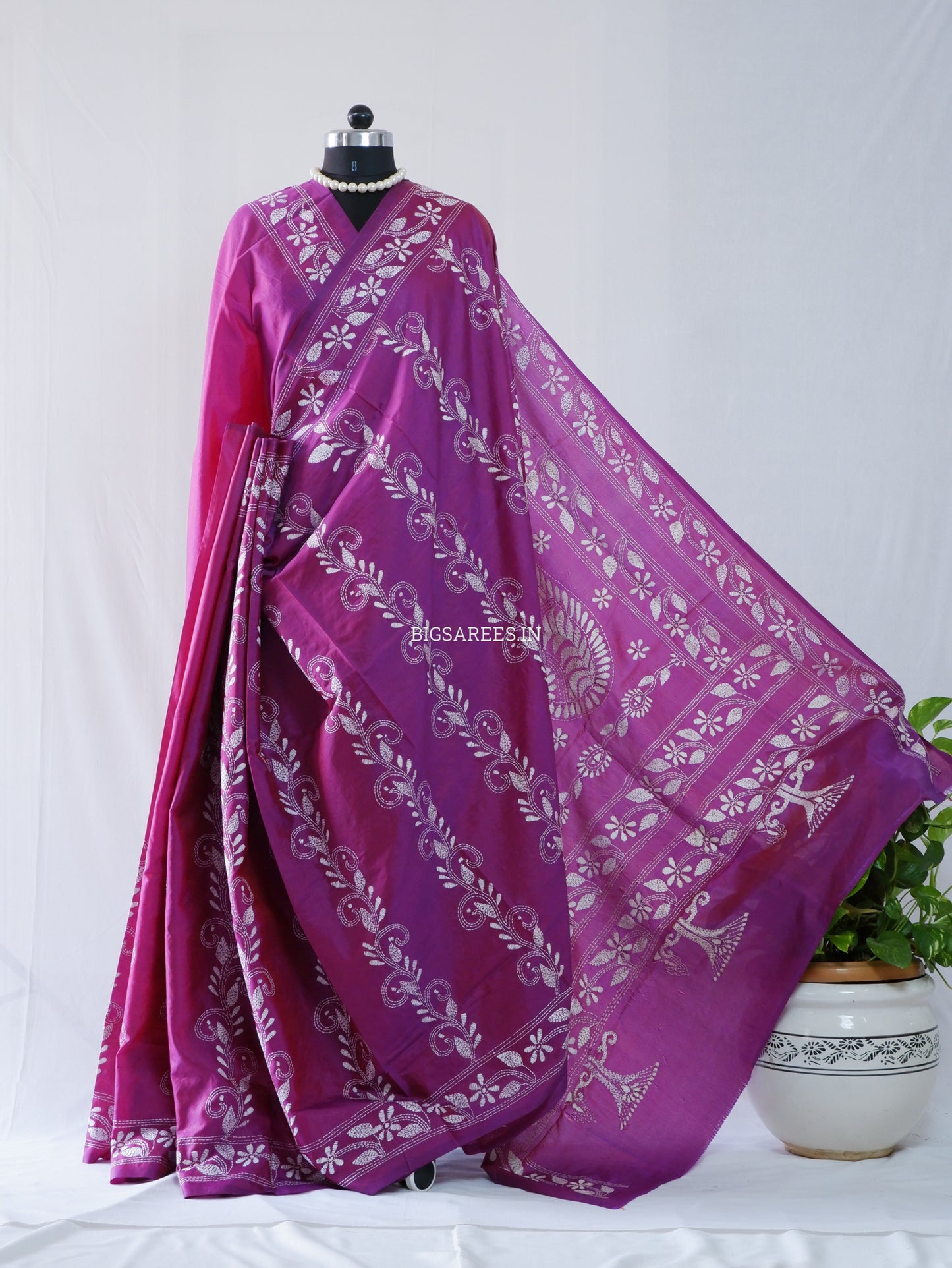 Kantha Stitch Hand Embroidered Saree | Blended Bangalore Silk / Art Silk | Deep Violet