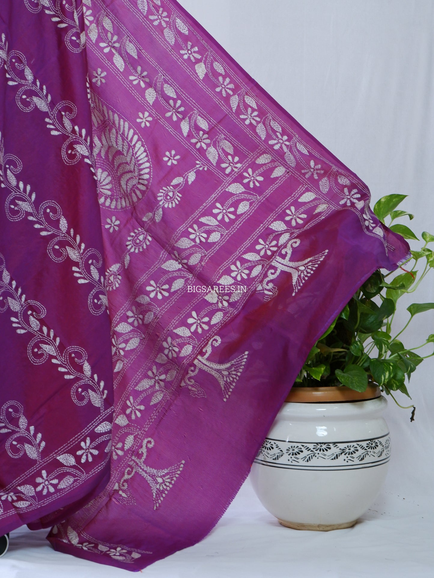 Kantha Stitch Hand Embroidered Saree | Blended Bangalore Silk / Art Silk | Deep Violet
