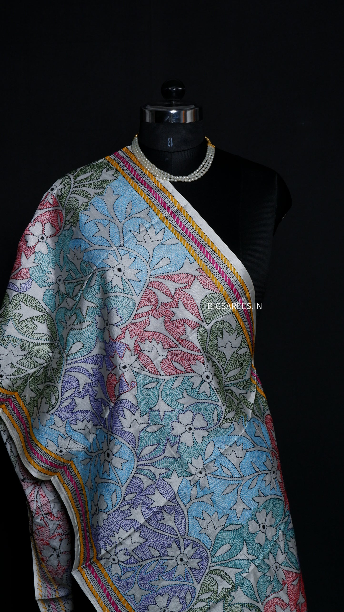 Kantha Art Silk Stole | White | 22" |