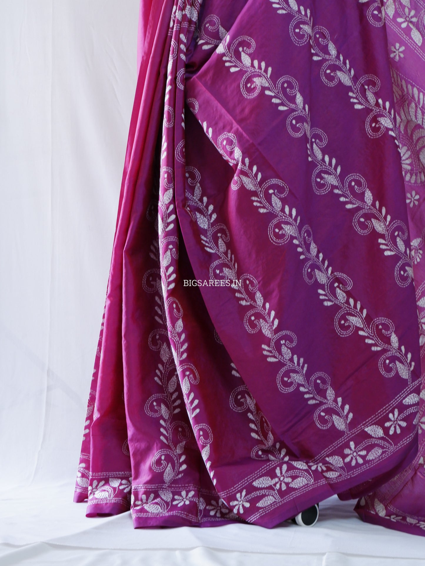Kantha Stitch Hand Embroidered Saree | Blended Bangalore Silk / Art Silk | Deep Violet