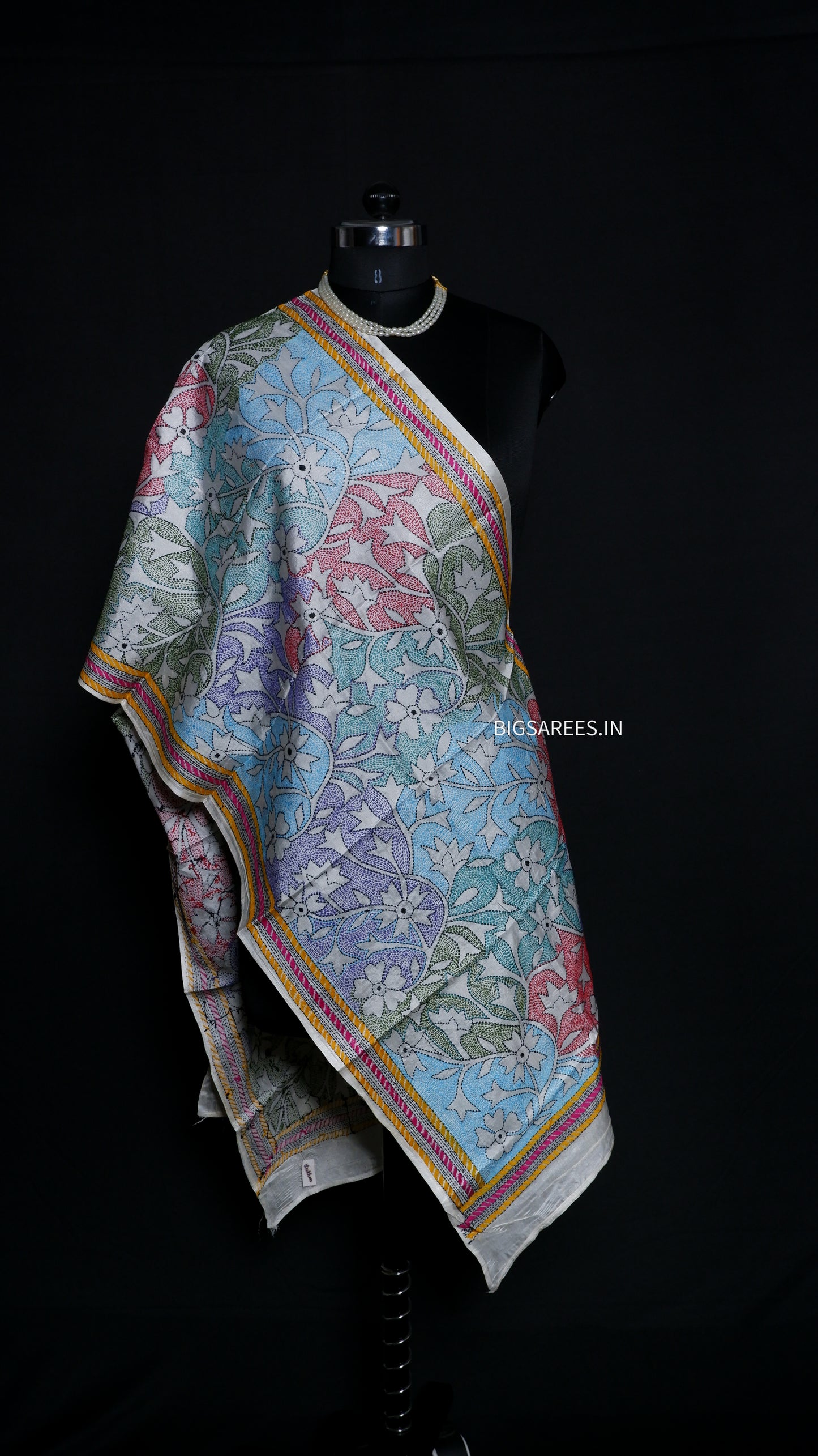 Kantha Art Silk Stole | White | 22" |