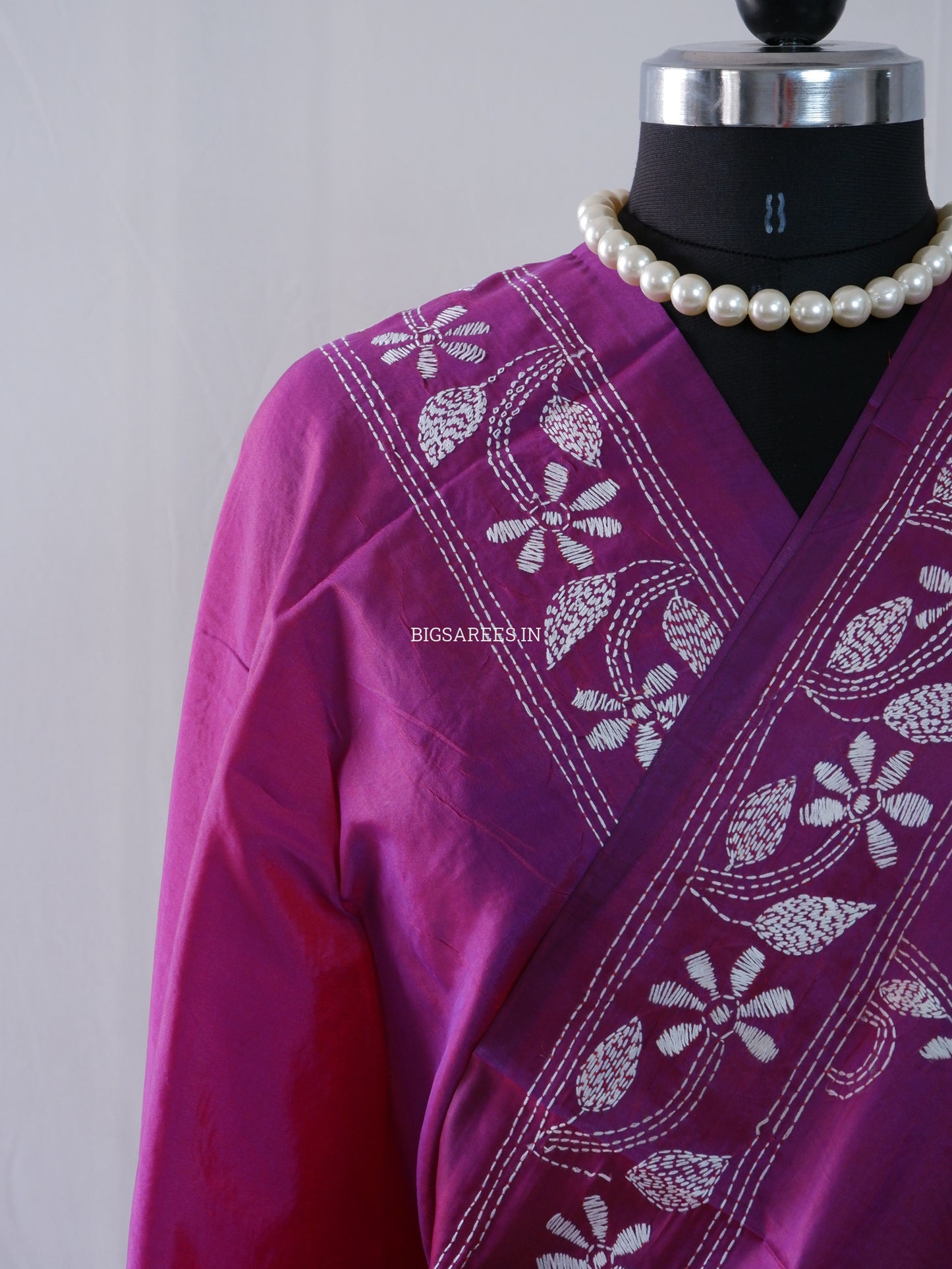 Kantha Stitch Hand Embroidered Saree | Blended Bangalore Silk / Art Silk | Deep Violet
