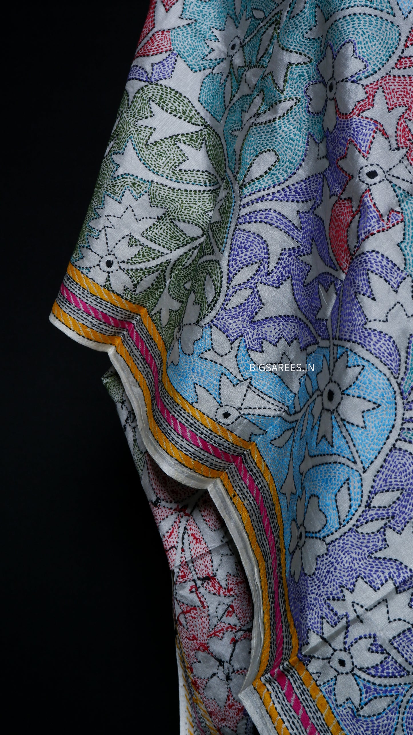 Kantha Art Silk Stole | White | 22" |