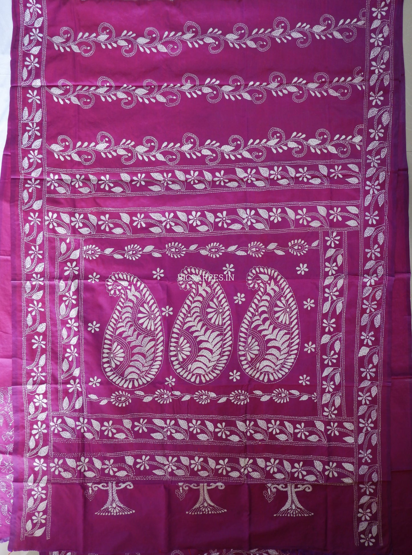 Kantha Stitch Hand Embroidered Saree | Blended Bangalore Silk / Art Silk | Deep Violet