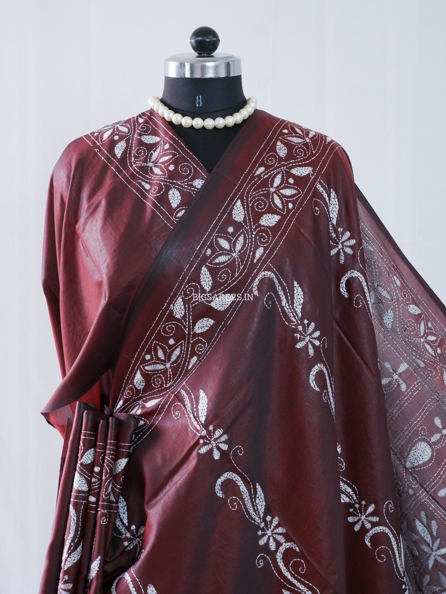Kantha Stitch Hand Embroidered Saree | Blended Bangalore Silk / Art Silk | Maroon