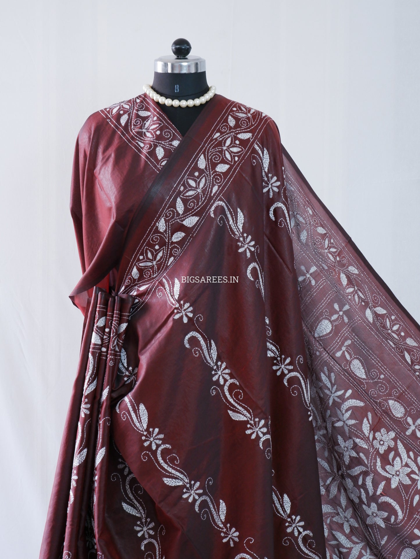 Kantha Stitch Hand Embroidered Saree | Blended Bangalore Silk / Art Silk | Maroon
