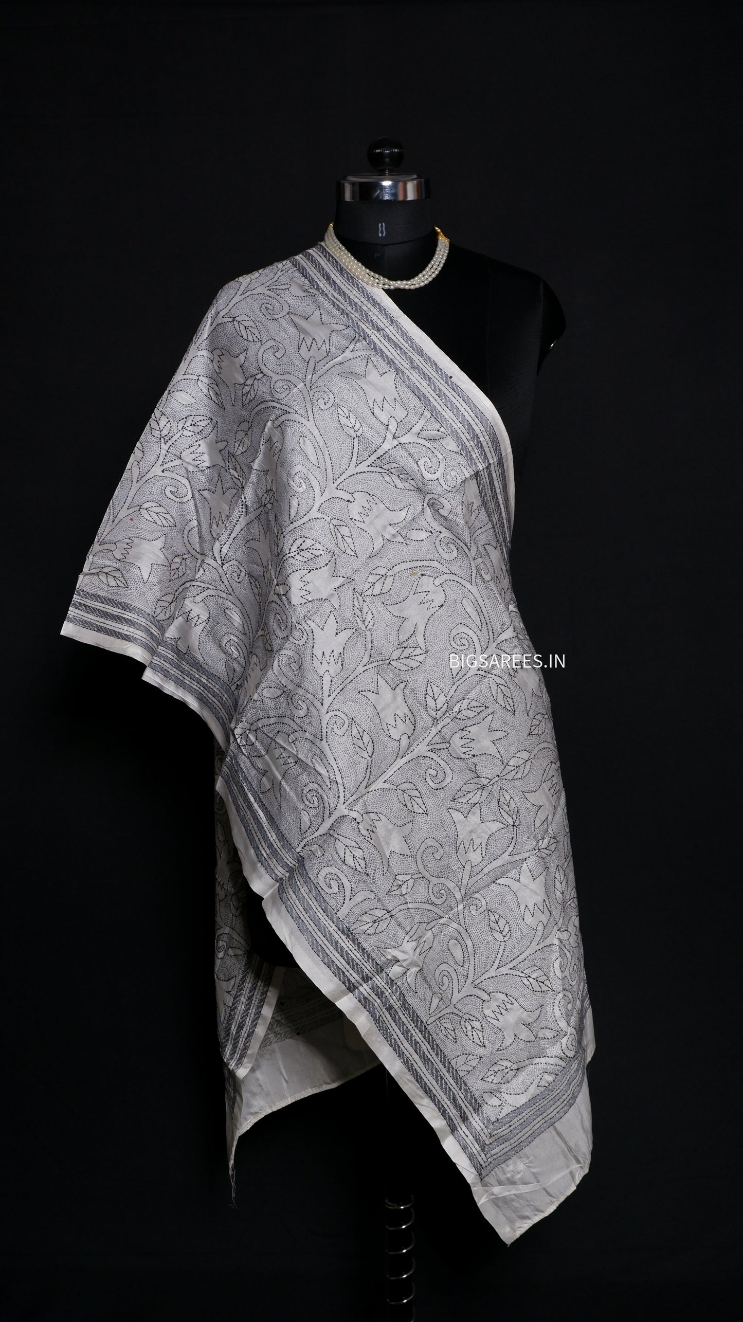 Kantha Art Silk Stole | White | 22" |