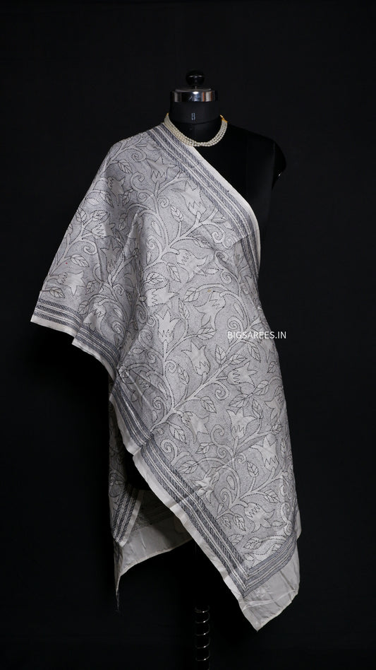 Kantha Art Silk Stole | White | 22" |