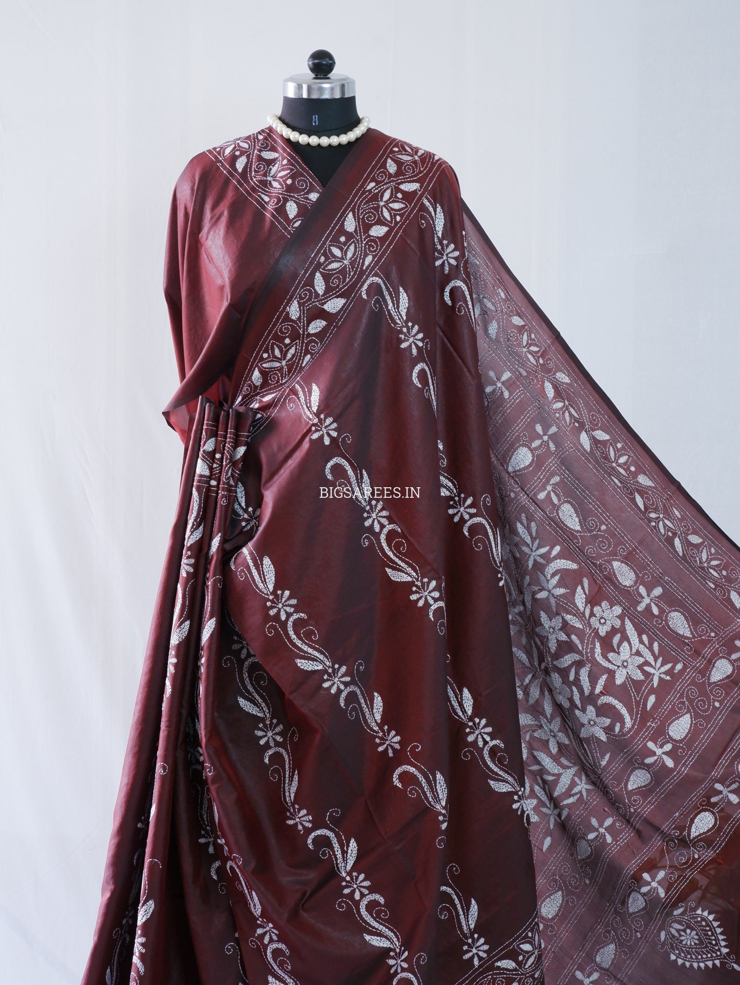 Kantha Stitch Hand Embroidered Saree | Blended Bangalore Silk / Art Silk | Maroon
