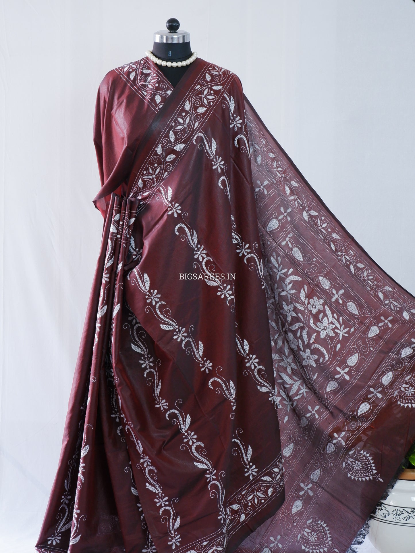 Kantha Stitch Hand Embroidered Saree | Blended Bangalore Silk / Art Silk | Maroon