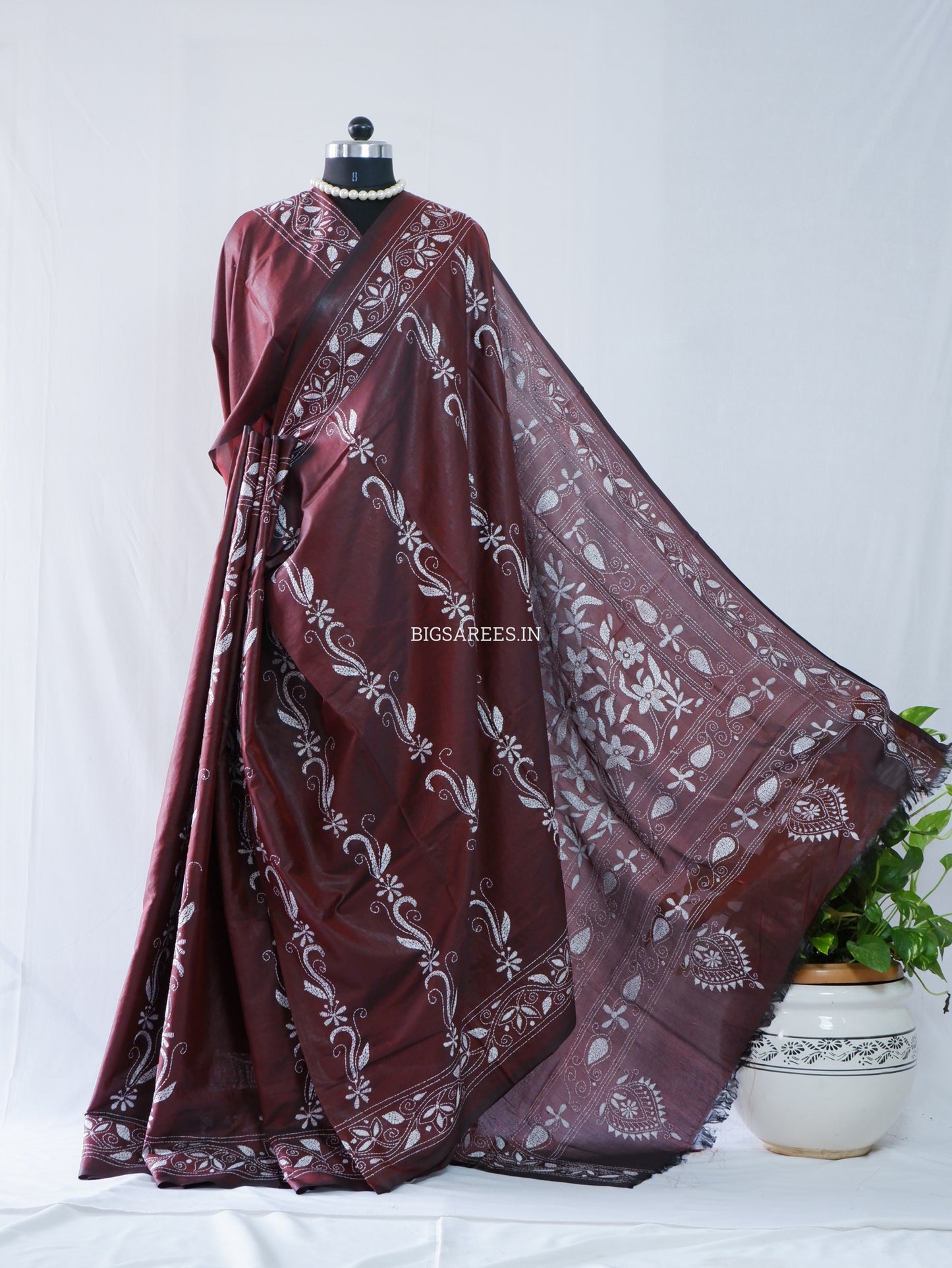 Kantha Stitch Hand Embroidered Saree | Blended Bangalore Silk / Art Silk | Maroon