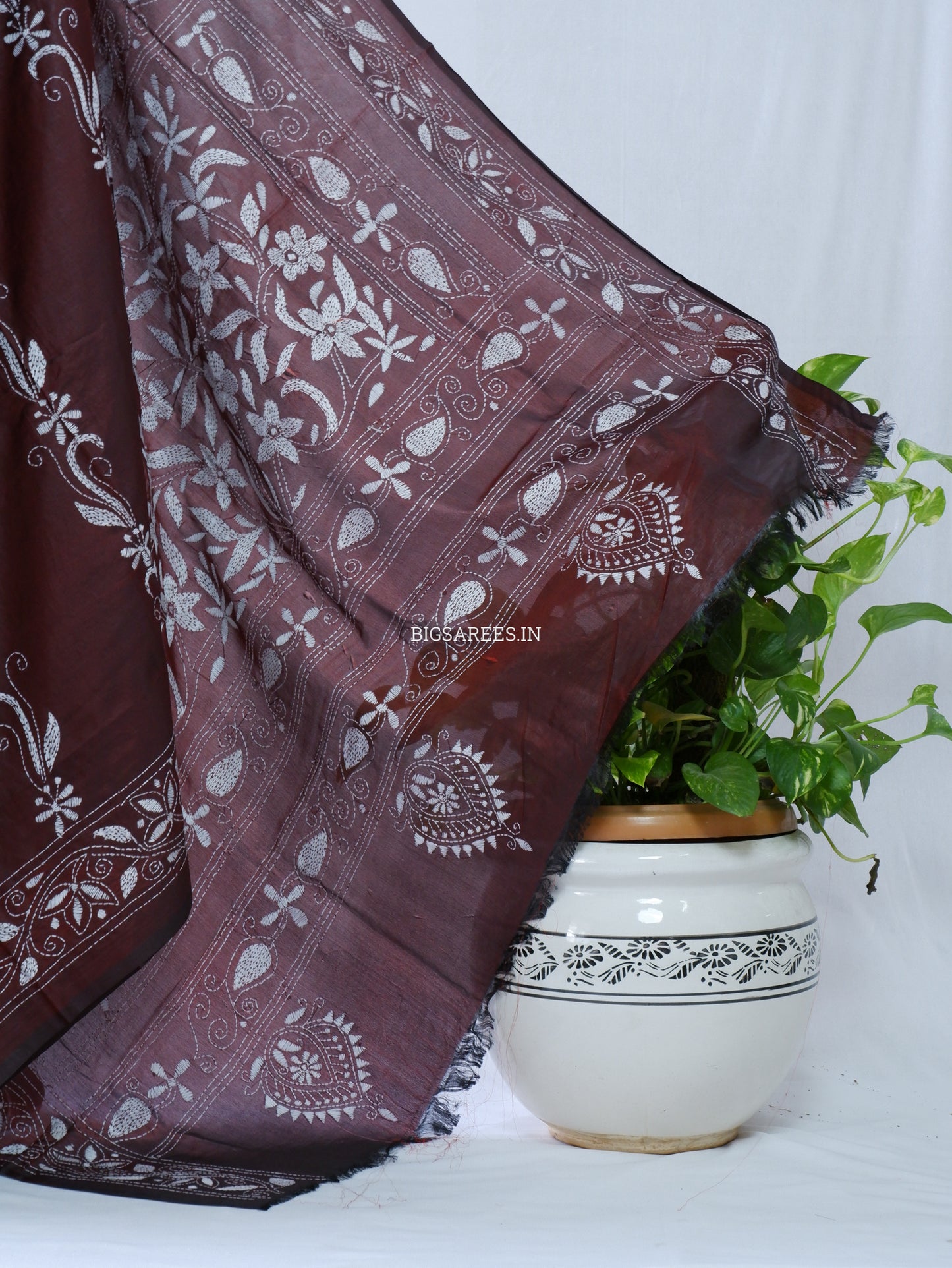 Kantha Stitch Hand Embroidered Saree | Blended Bangalore Silk / Art Silk | Maroon