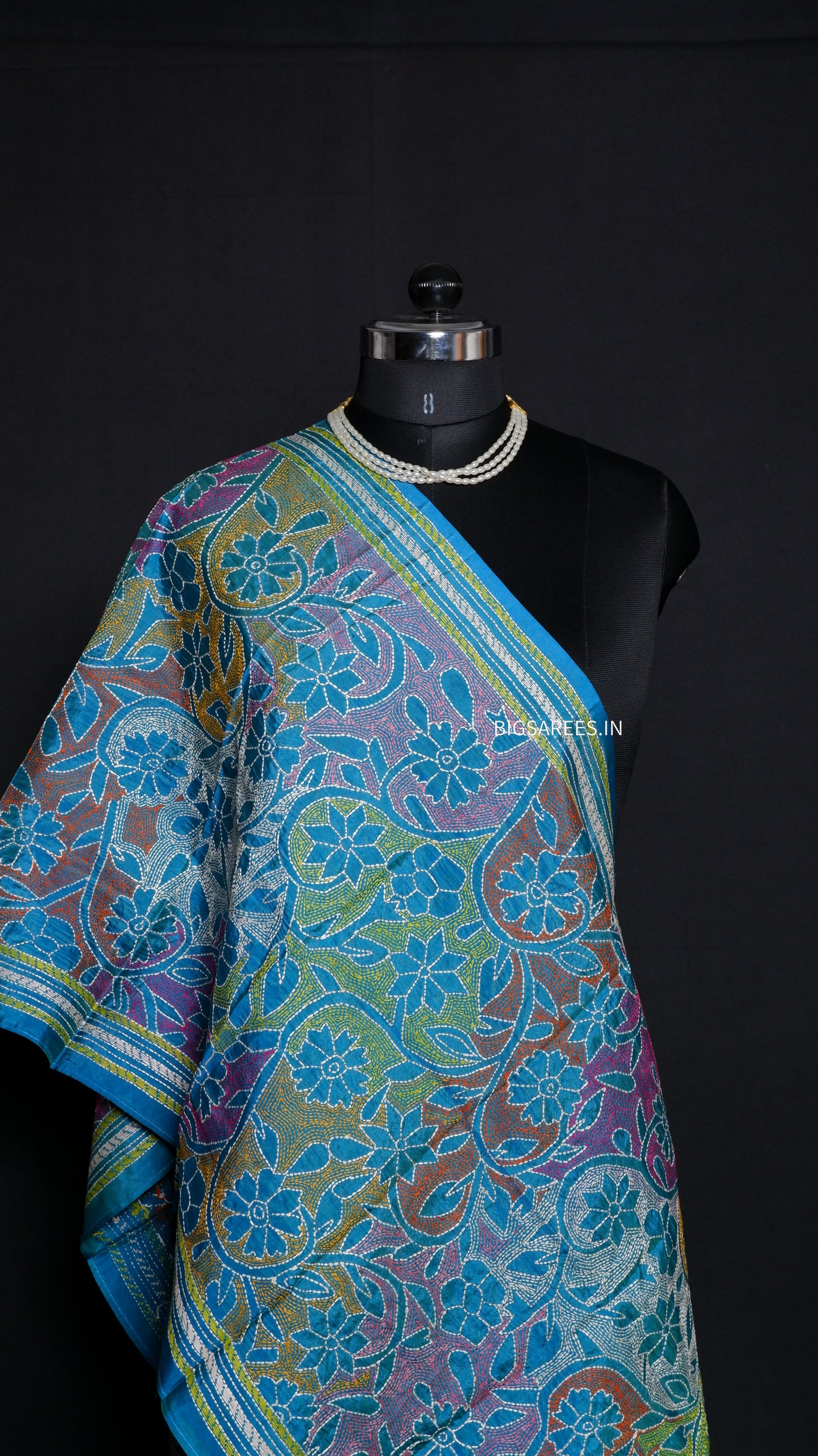 Kantha Art Silk Stole | Dual Tone(Blue - Green) | 22" |