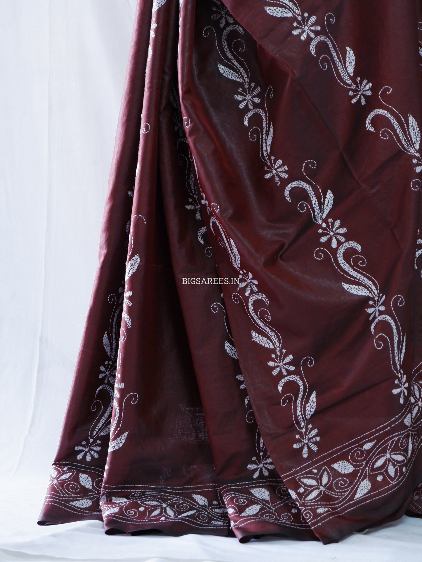 Kantha Stitch Hand Embroidered Saree | Blended Bangalore Silk / Art Silk | Maroon