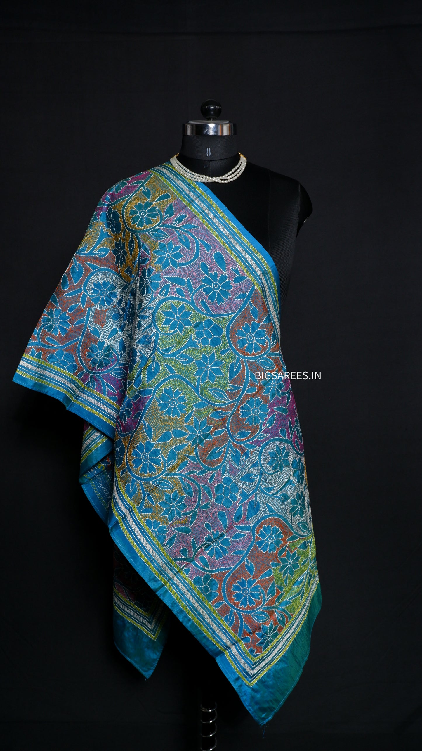 Kantha Art Silk Stole | Dual Tone(Blue - Green) | 22" |