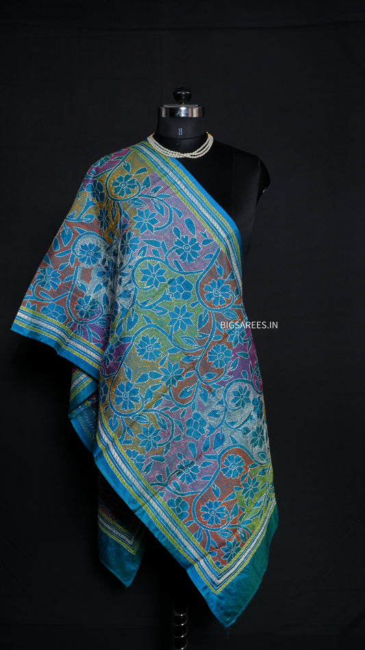 Kantha Art Silk Stole | Dual Tone(Blue - Green) | 22" |