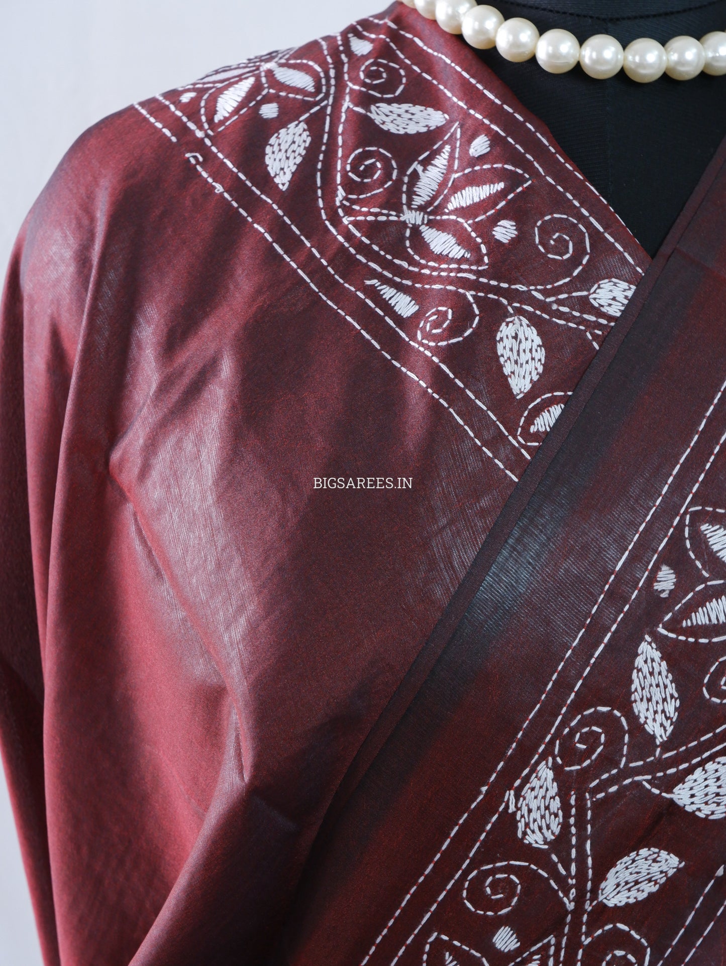Kantha Stitch Hand Embroidered Saree | Blended Bangalore Silk / Art Silk | Maroon