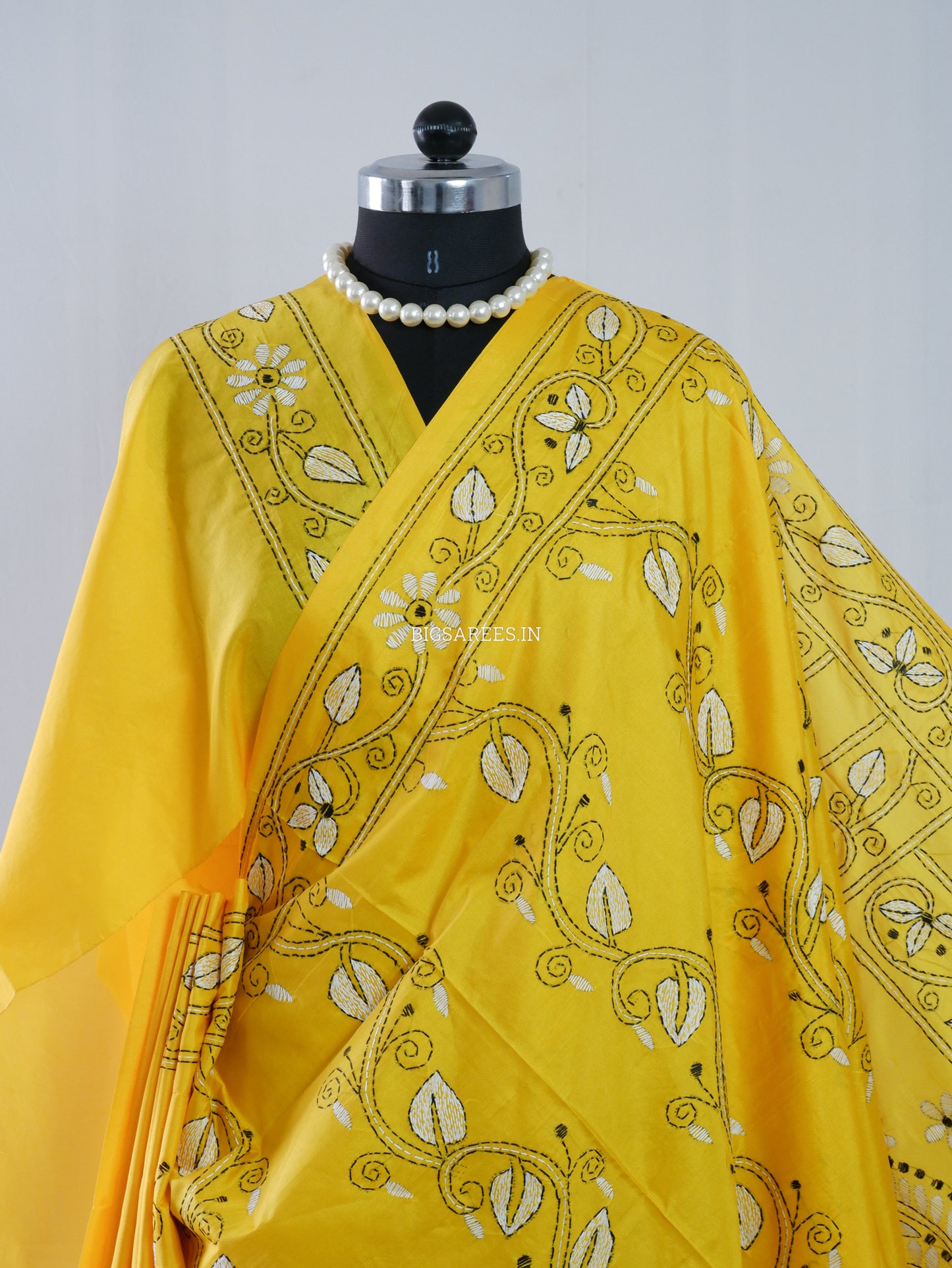 Kantha Stitch Hand Embroidered Saree | Blended Bangalore Silk / Art Silk | Yellow