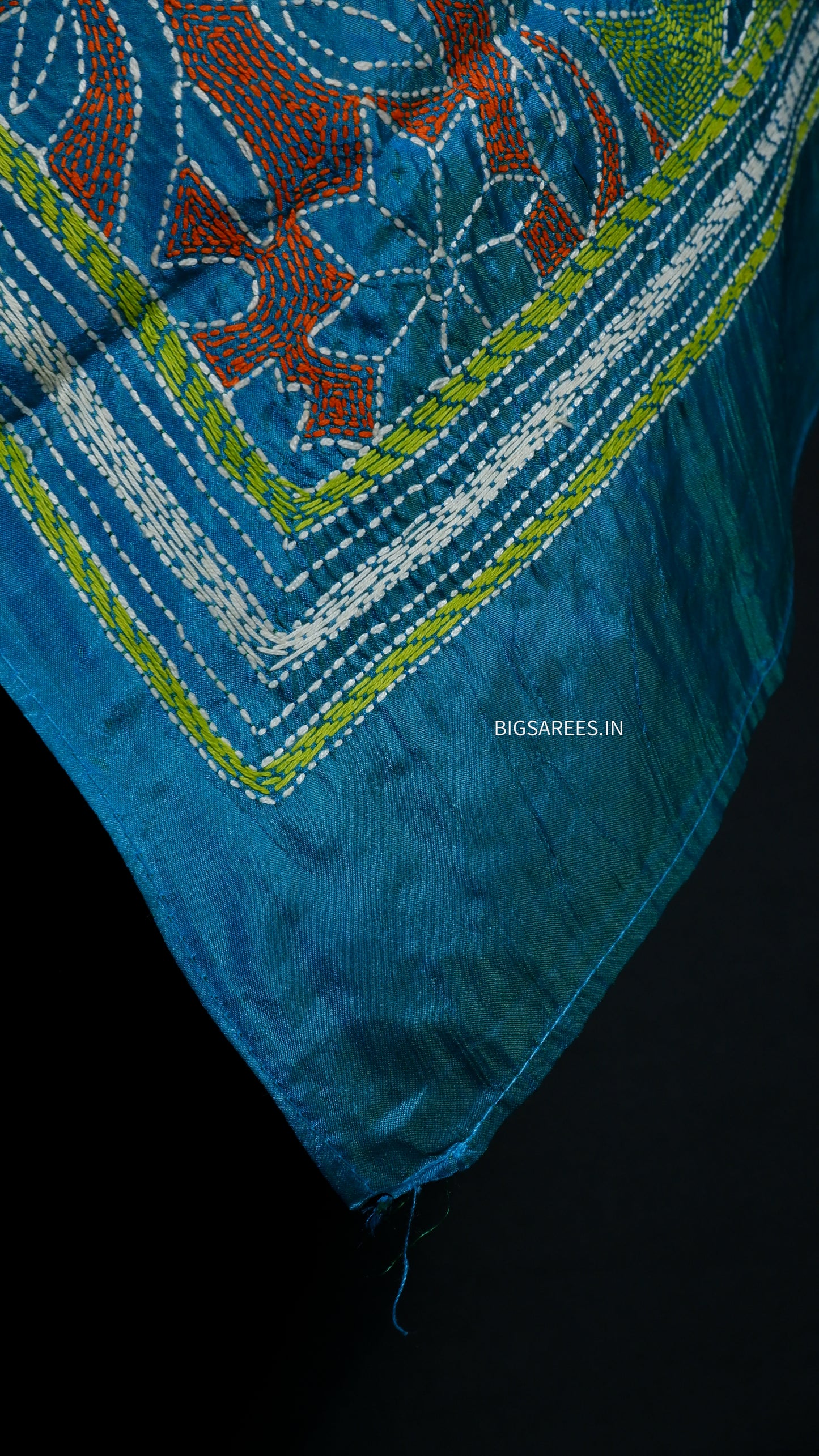 Kantha Art Silk Stole | Dual Tone(Blue - Green) | 22" |