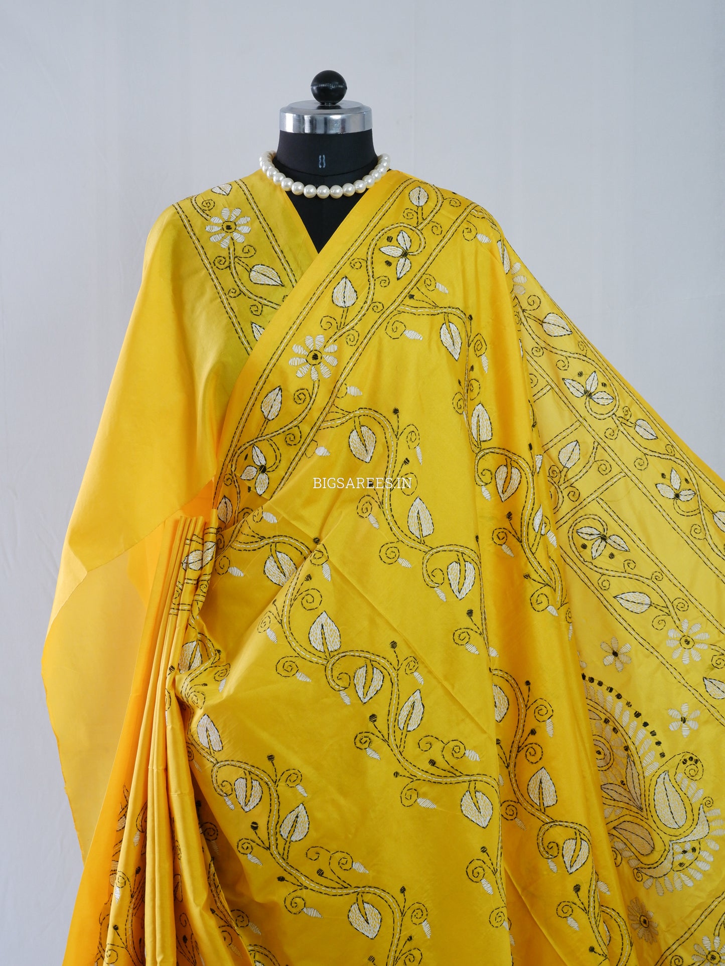 Kantha Stitch Hand Embroidered Saree | Blended Bangalore Silk / Art Silk | Yellow