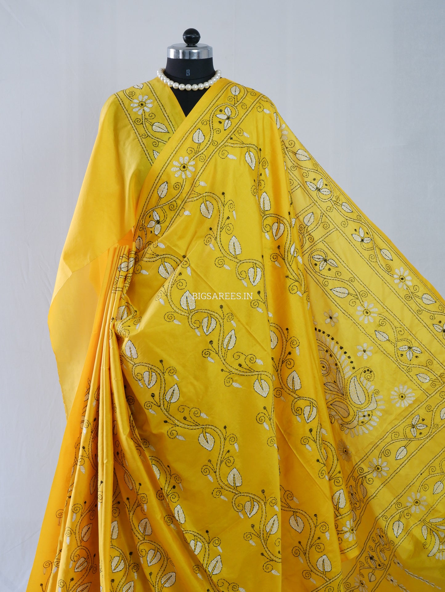 Kantha Stitch Hand Embroidered Saree | Blended Bangalore Silk / Art Silk | Yellow