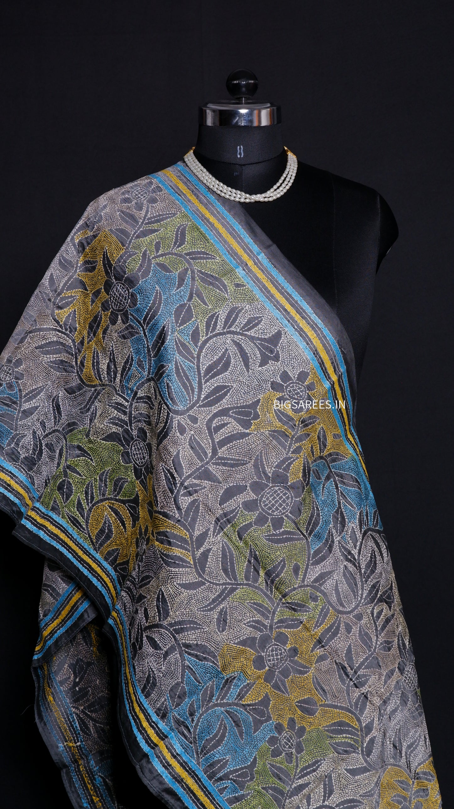 Kantha Stitch Art Silk Stole | Slate Gray | 22" |