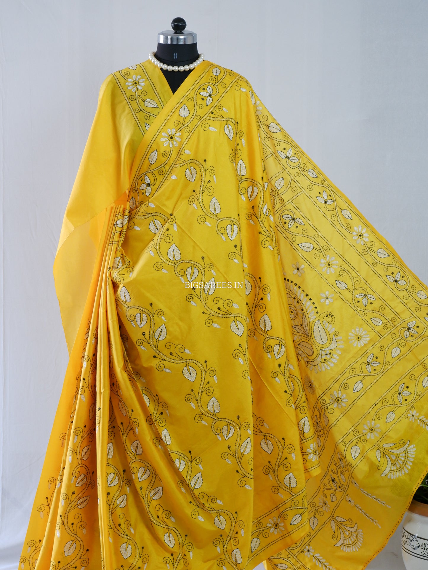 Kantha Stitch Hand Embroidered Saree | Blended Bangalore Silk / Art Silk | Yellow