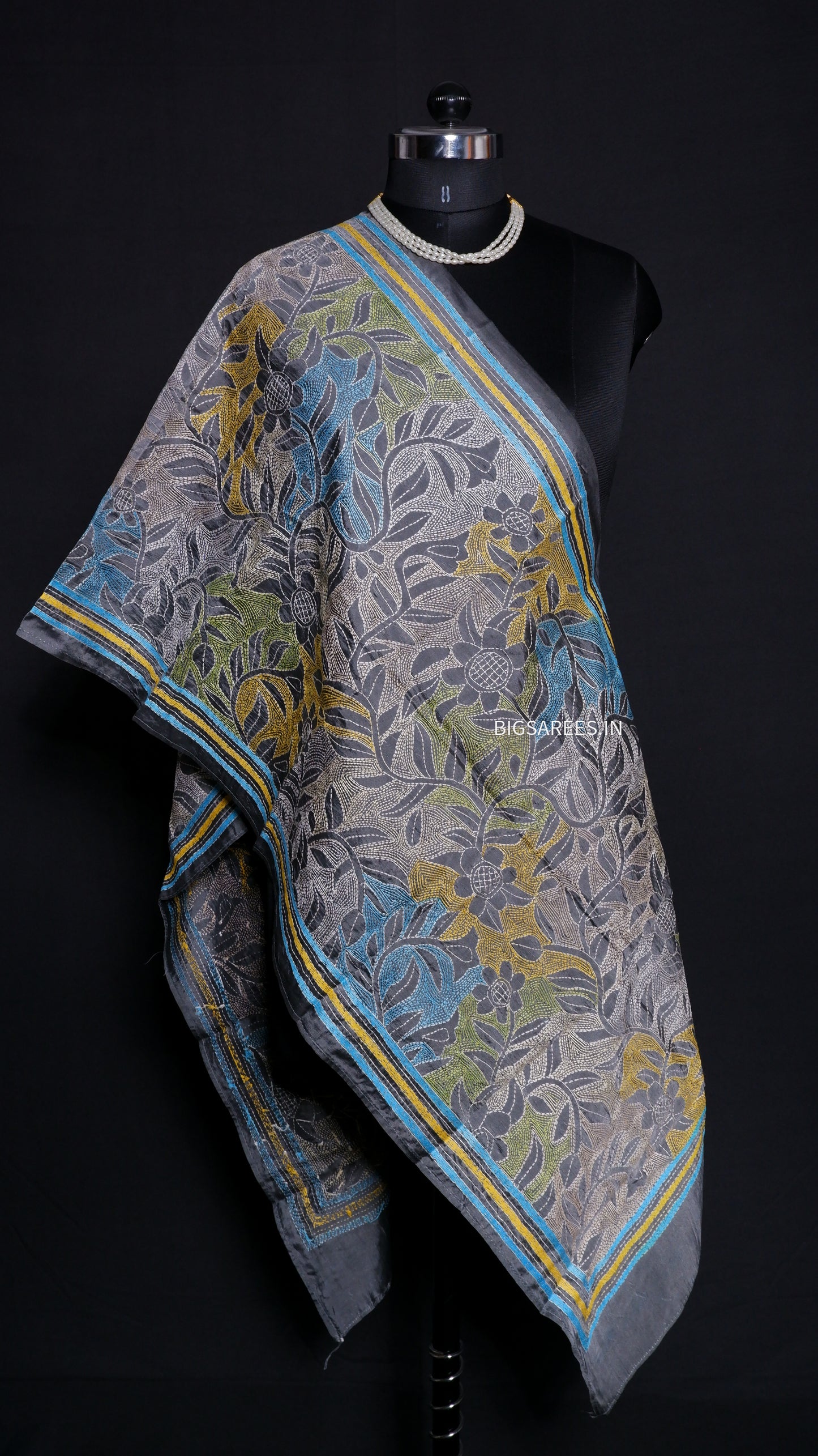 Kantha Stitch Art Silk Stole | Slate Gray | 22" |