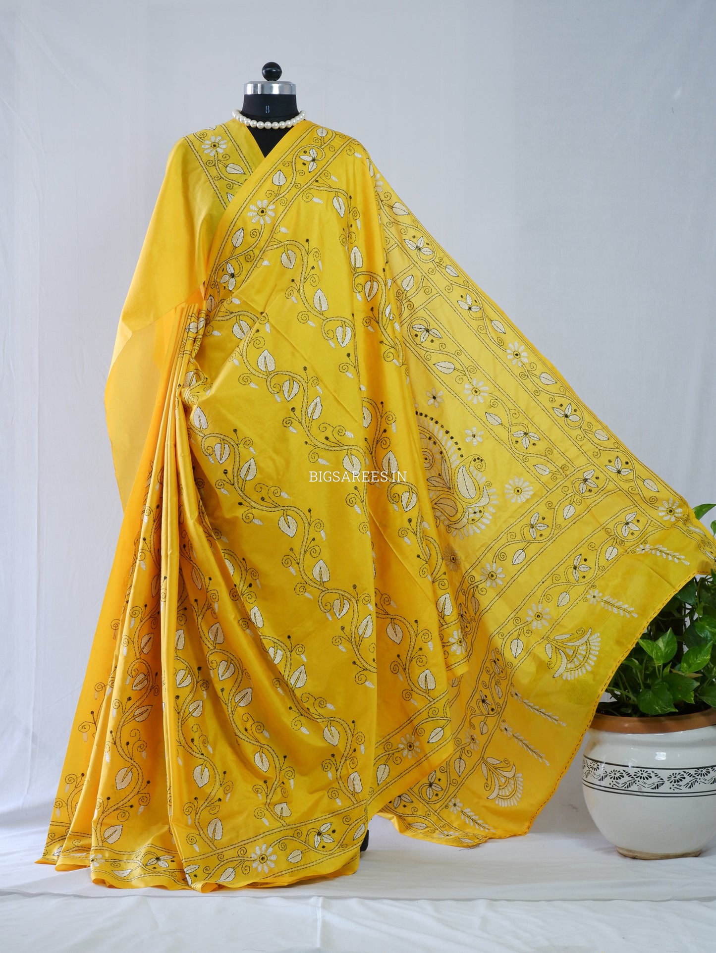 Kantha Stitch Hand Embroidered Saree | Blended Bangalore Silk / Art Silk | Yellow