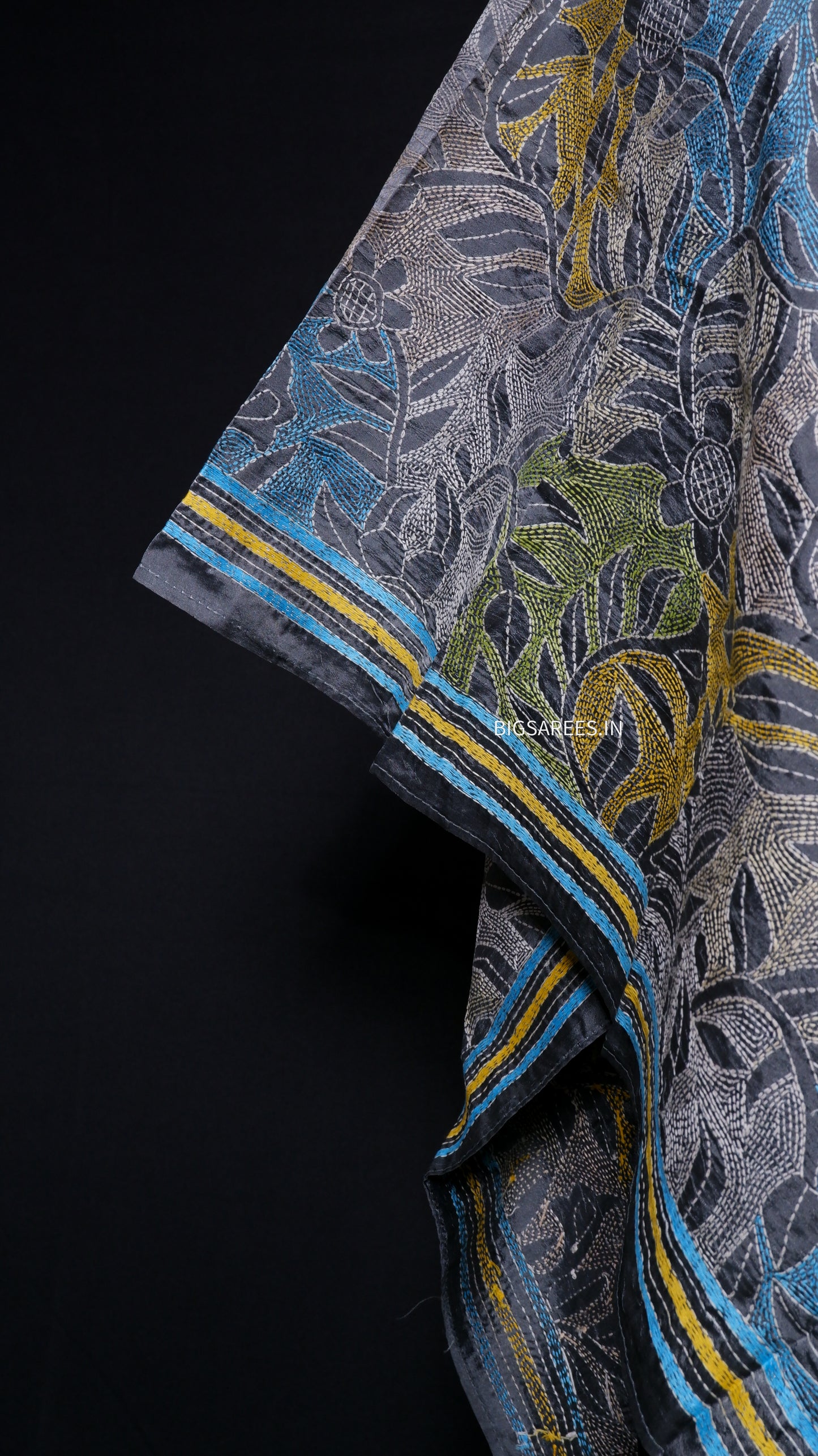 Kantha Stitch Art Silk Stole | Slate Gray | 22" |