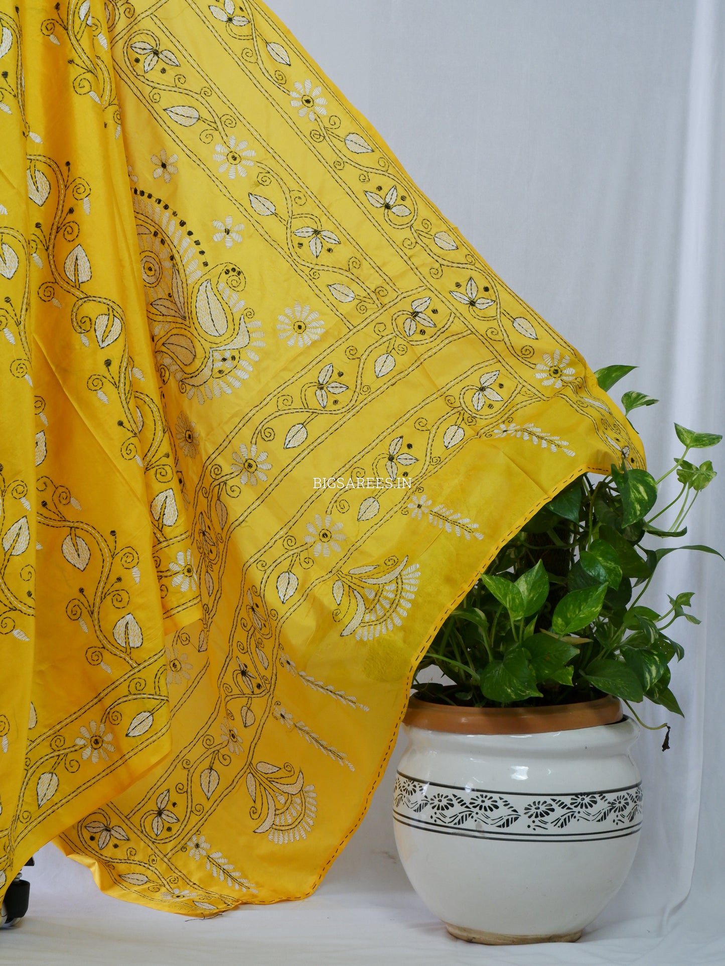 Kantha Stitch Hand Embroidered Saree | Blended Bangalore Silk / Art Silk | Yellow