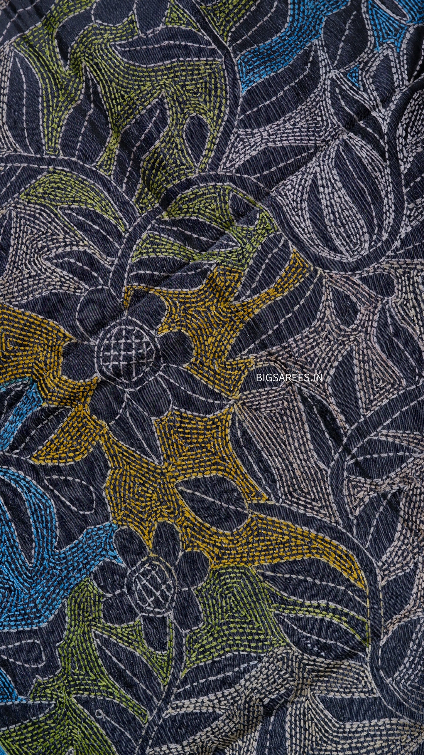 Kantha Stitch Art Silk Stole | Slate Gray | 22" |