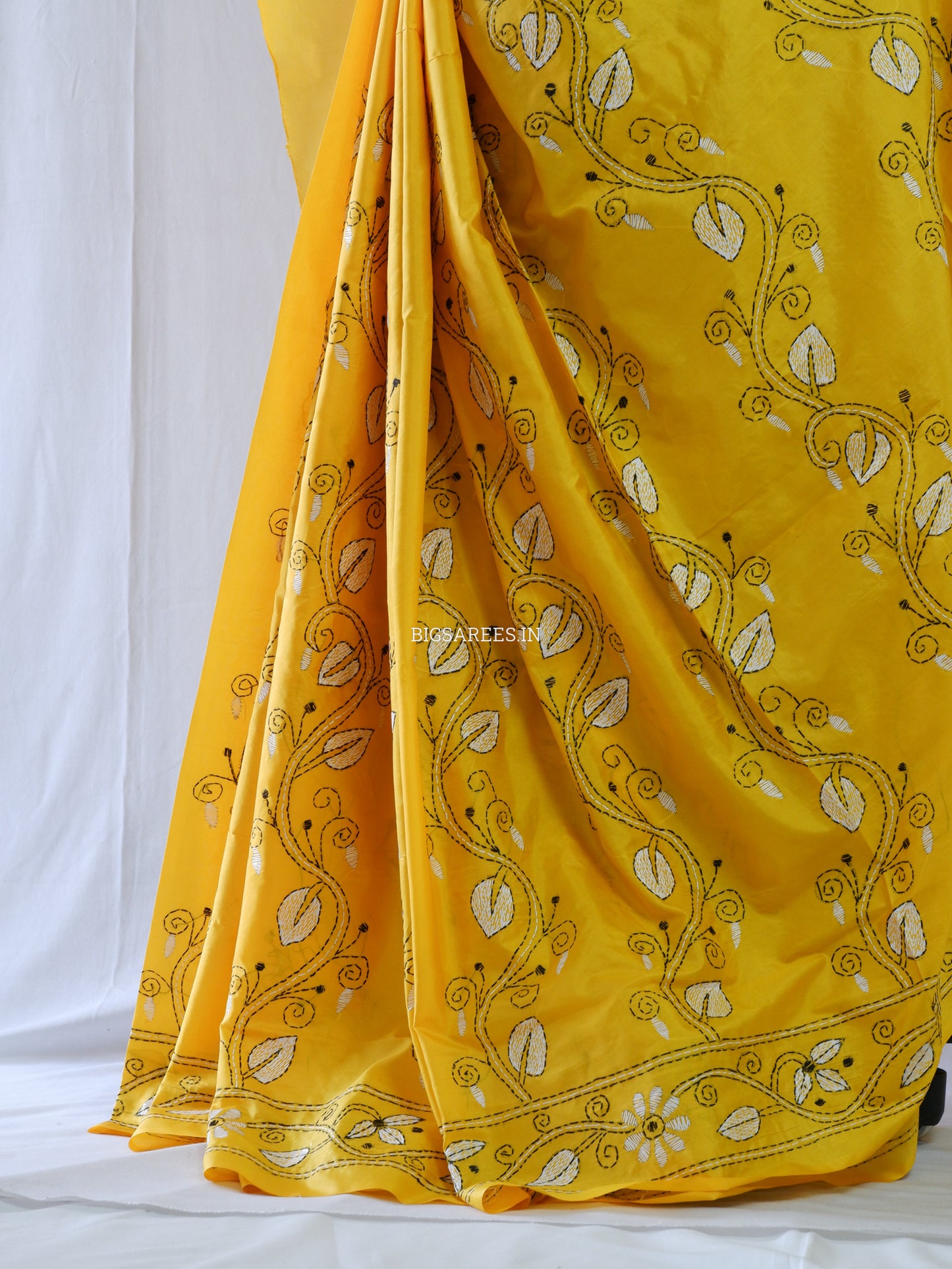 Kantha Stitch Hand Embroidered Saree | Blended Bangalore Silk / Art Silk | Yellow